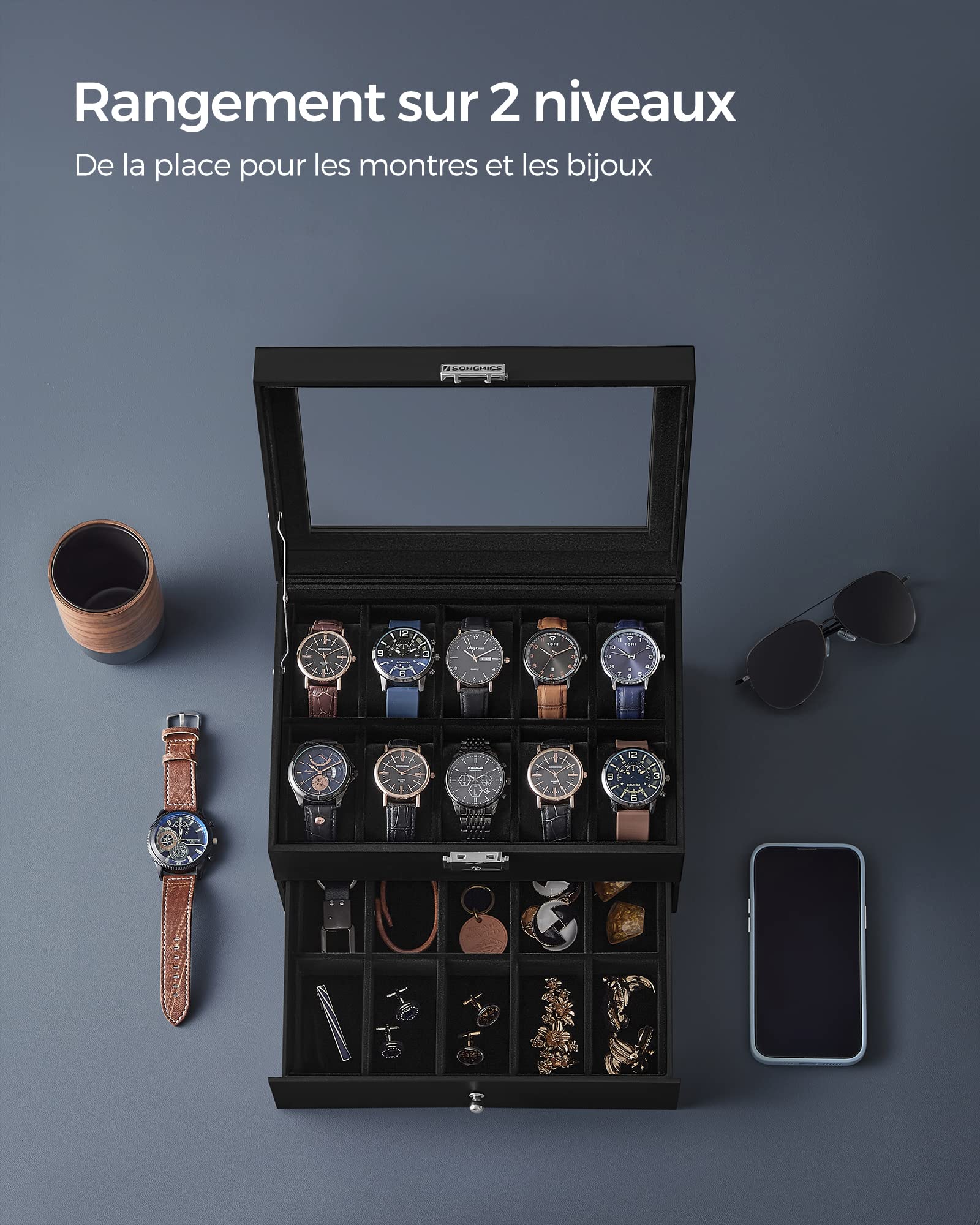 SONGMICS Boîte à Montres 20 Compartiments, Coffret à Montres, avec Couvercle en Verre, Écrin à 2 Niveaux, avec Coussinets Amovibles, Revêtement en Noir et Doublure en Noir JWB020B01