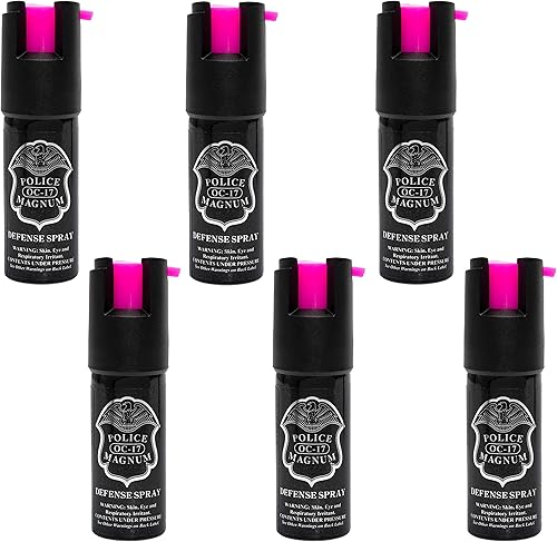 POLICE MAGNUM Aerosol pequeño de pimienta rosa intenso, autodefensa, máxima resistencia al calor, rango de 10-12 pies (paquete de 6 unidades de 1/2