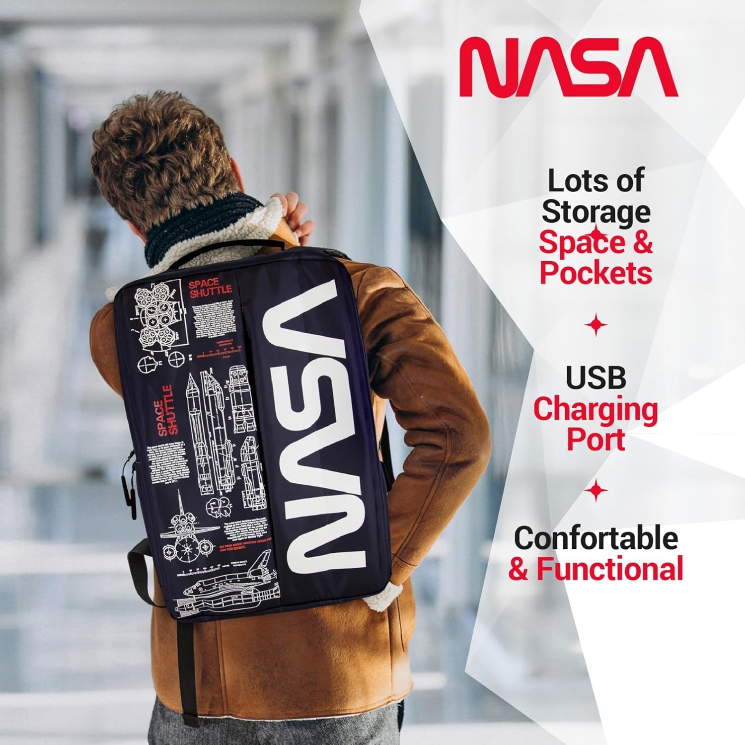 Person wearing the CJ TECH NASA Laptop Backpack, demonstrating its comfortable and functional design.