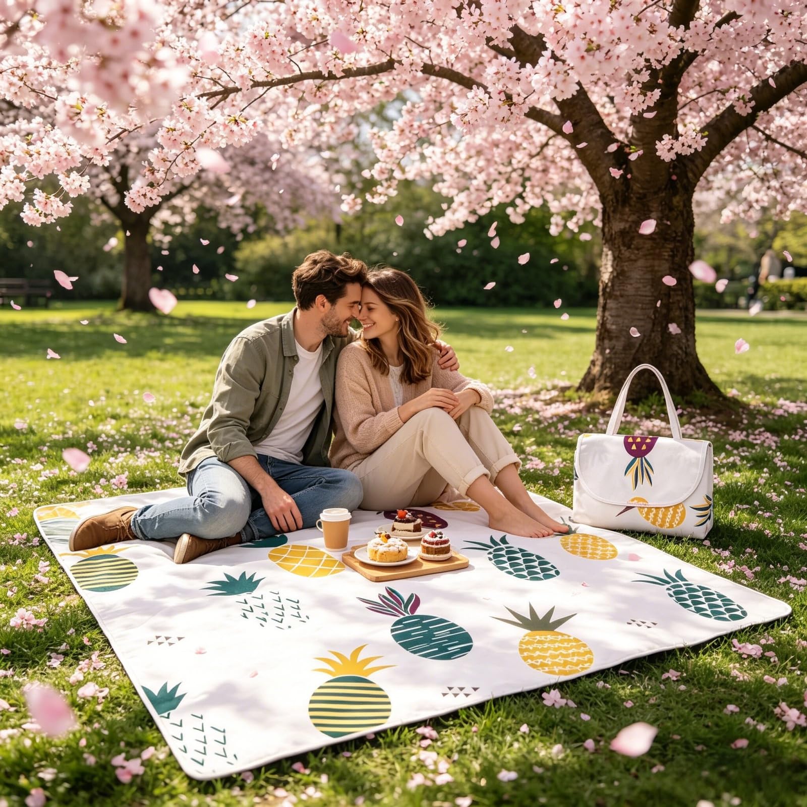 HUANYO Waterproof Picnic Blanket, 1.5*1M Foldable & Washable Beach Mat, Extra Large Portable Outdoor Blanket with Carry Handle for Park, Camping, Hiking, Beach and Picnics (White pineapple 150*100cm)