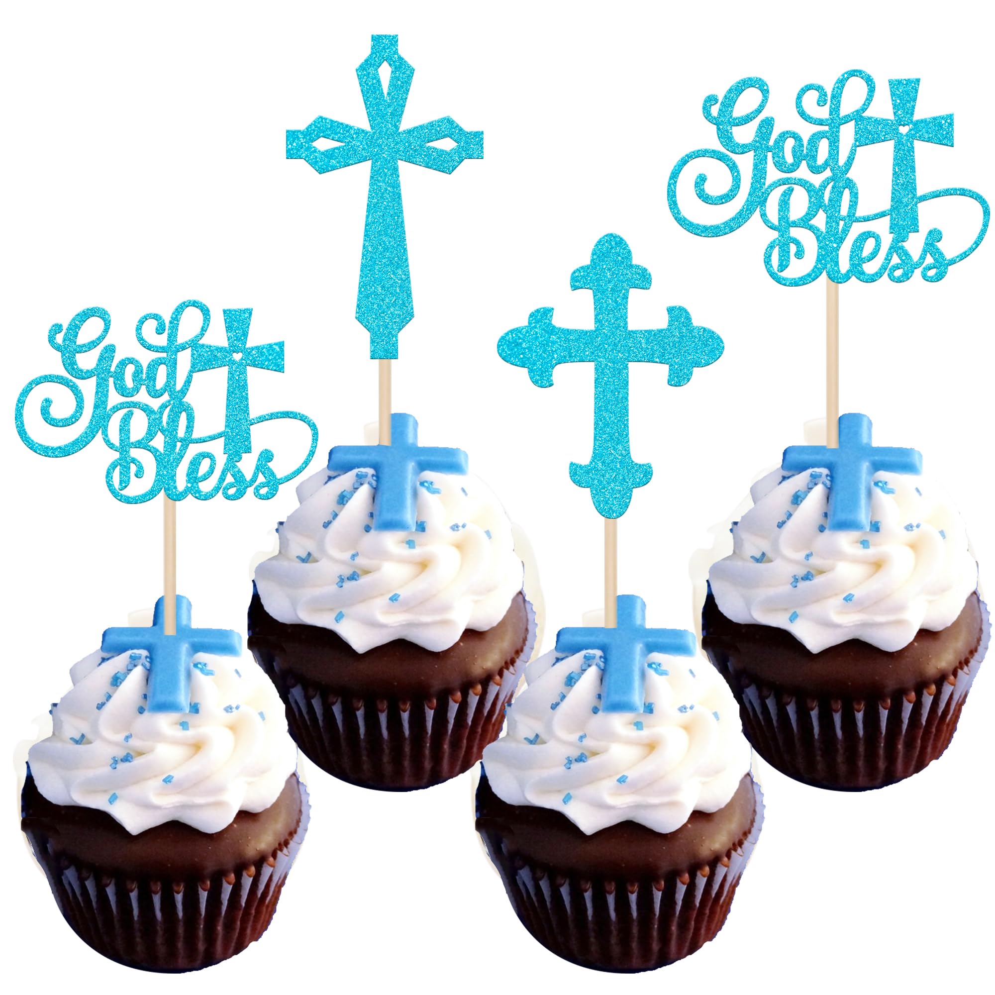 SYKYCTCY 24 Pack God Bless Cupcake Toppers Glitter Christianity Cross Cupcake Picks for Religious Baptism First Holy Communion Cake Decorations Supplies Blue