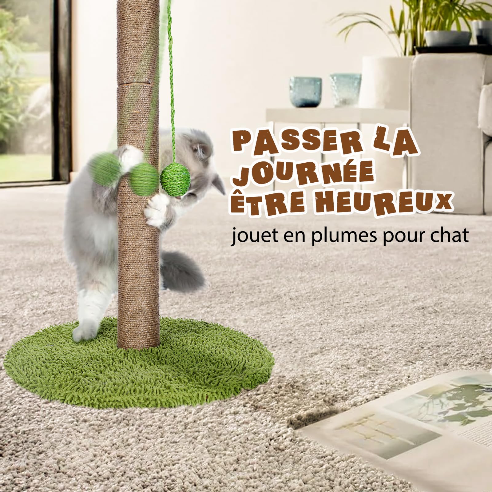 Masthome Griffoir pour Chats, 85 Cm Poteau Chat, Colonne en Sisal Naturel et Base de Couverture en Moquette Douce avec Boule Suspendue, Griffoir pour Chats de Tous âGes - Vert
