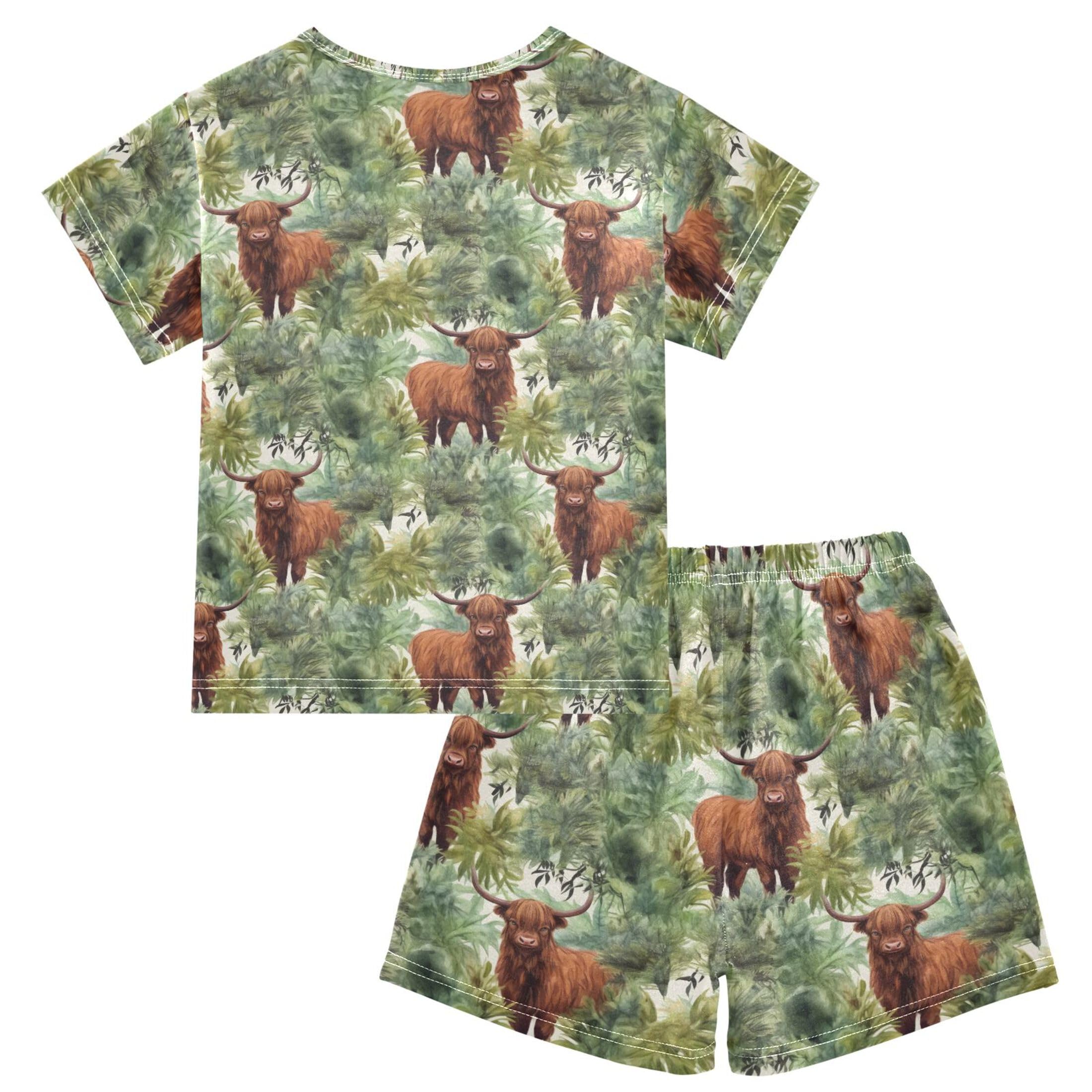 UMIRIKO Highland Cow Animal Forest Summer Short Sleeve Pajamas Sleepwear PJ Set B0403035