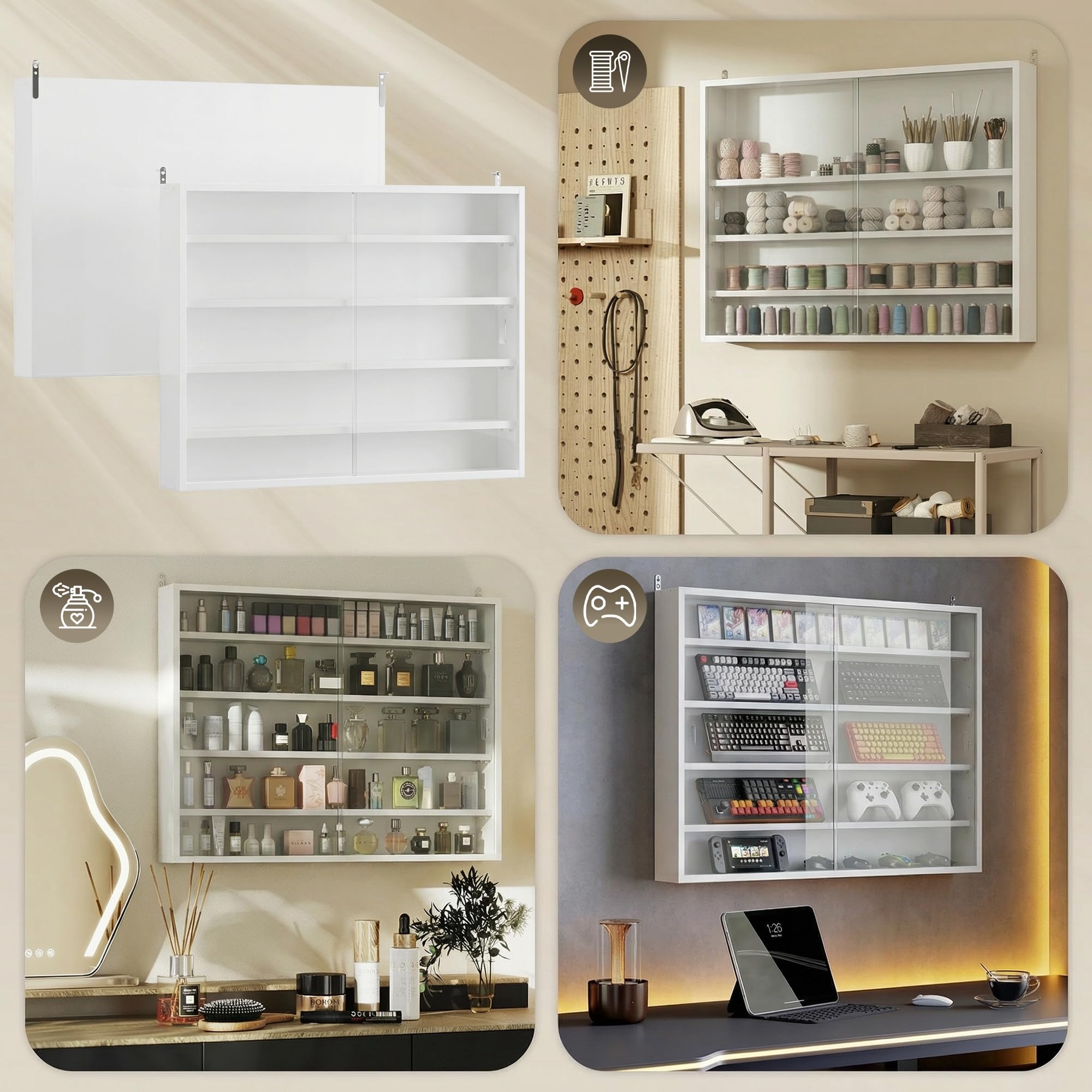 HOMCOM Vetrina espositiva per collezioni a 5 livelli, vetrina da parete, con ripiani regolabili e 2 ante scorrevoli in vetro, per profumi, statuine decorative, 80x9,5x60 cm, bianco
