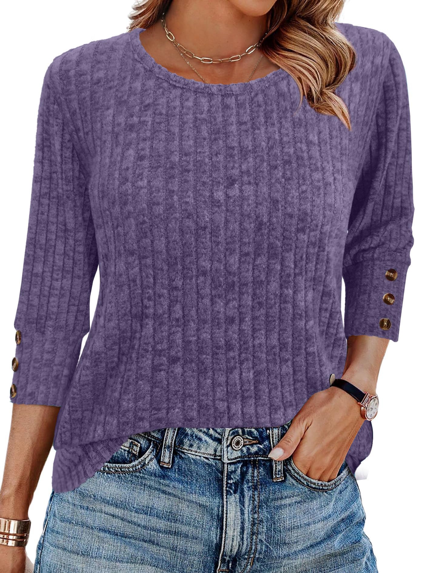 JomeDesign Womens Sweaters 3 4 Sleeve with Buttons Dressy Casual Shirts Fall Outfits Fashion Clothes 2025 Trendy S-2XL