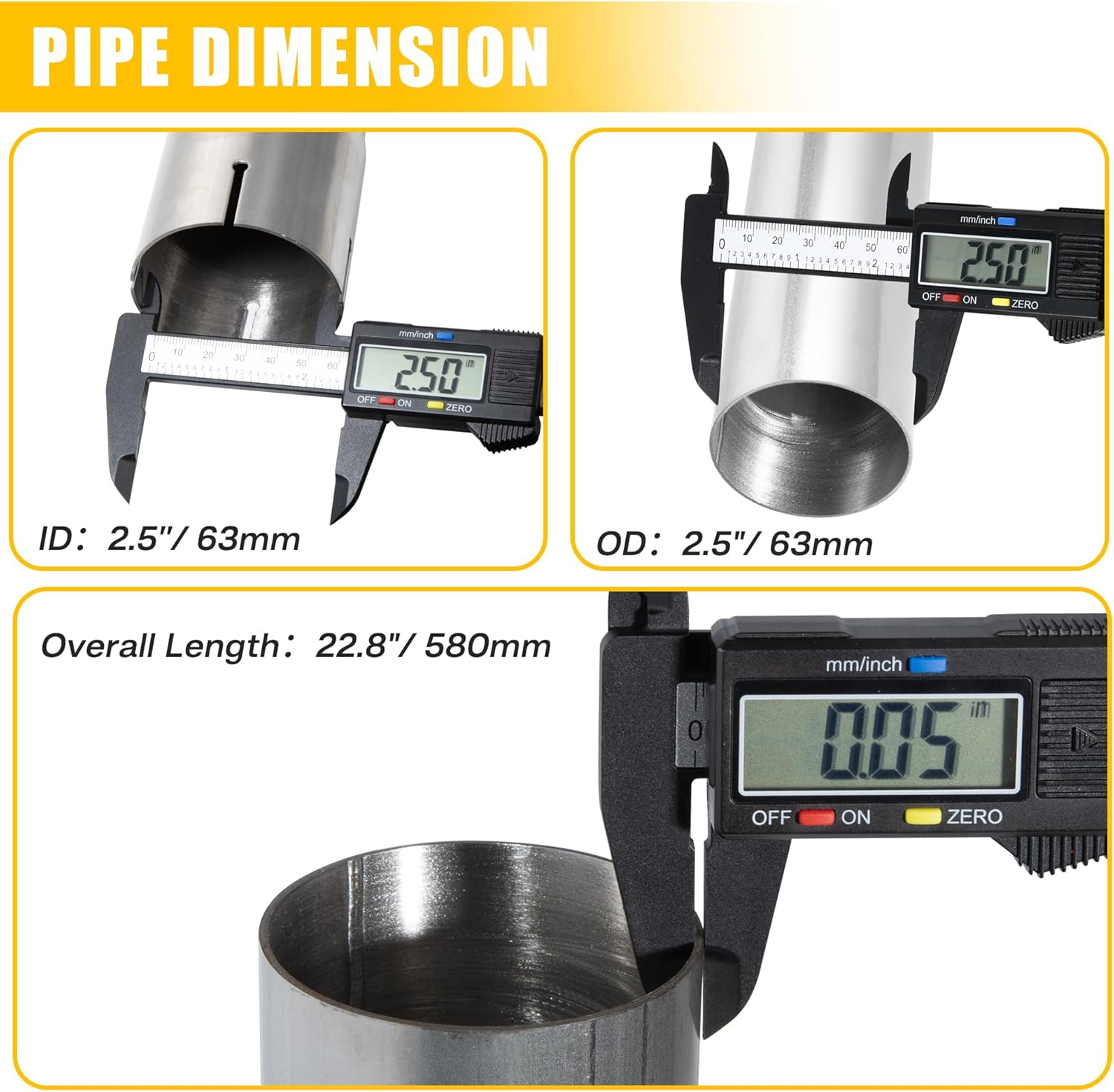 2.5 Inch Straight DIY Custom Mandrel Exhaust Pipe Tube, 22.8 Inch Length, 2.5" OD Mandrel Straight Pipe, 304 Stainless Steel, Universal Fitment - 2PCS