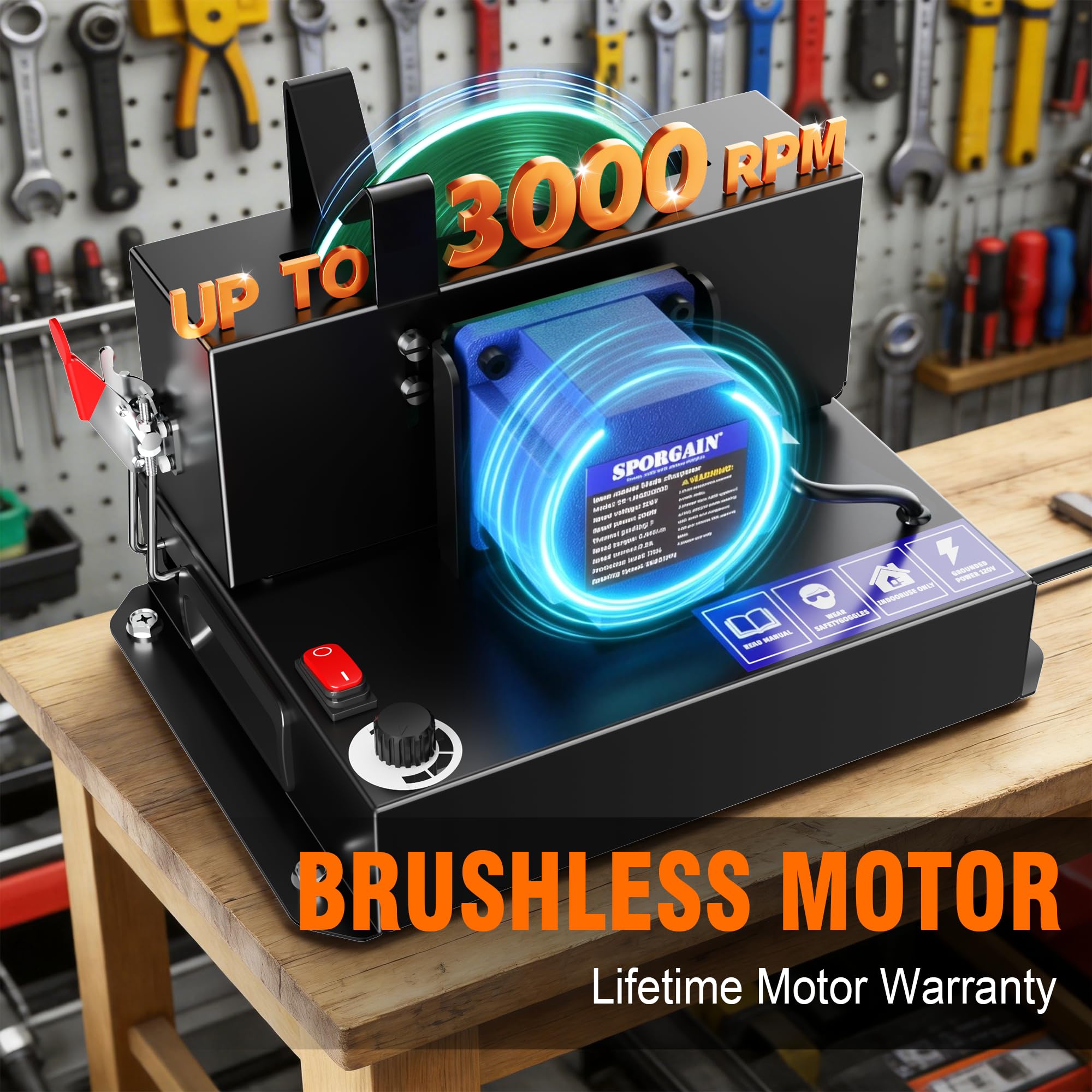 SporGain Afilador de cuchillas para cortacésped, motor sin escobillas, 3000 rpm, herramienta afiladora de cuchillas para cortacésped, rueda de cerámica de 7 pulgadas con 20 discos de lijado para