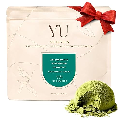 Yu Tea Organic Sencha Green Tea Powder, 100 porciones, rico en antioxidantes, EGCG y L-teanina, hoja japonesa pura de la primera cosecha, baja en