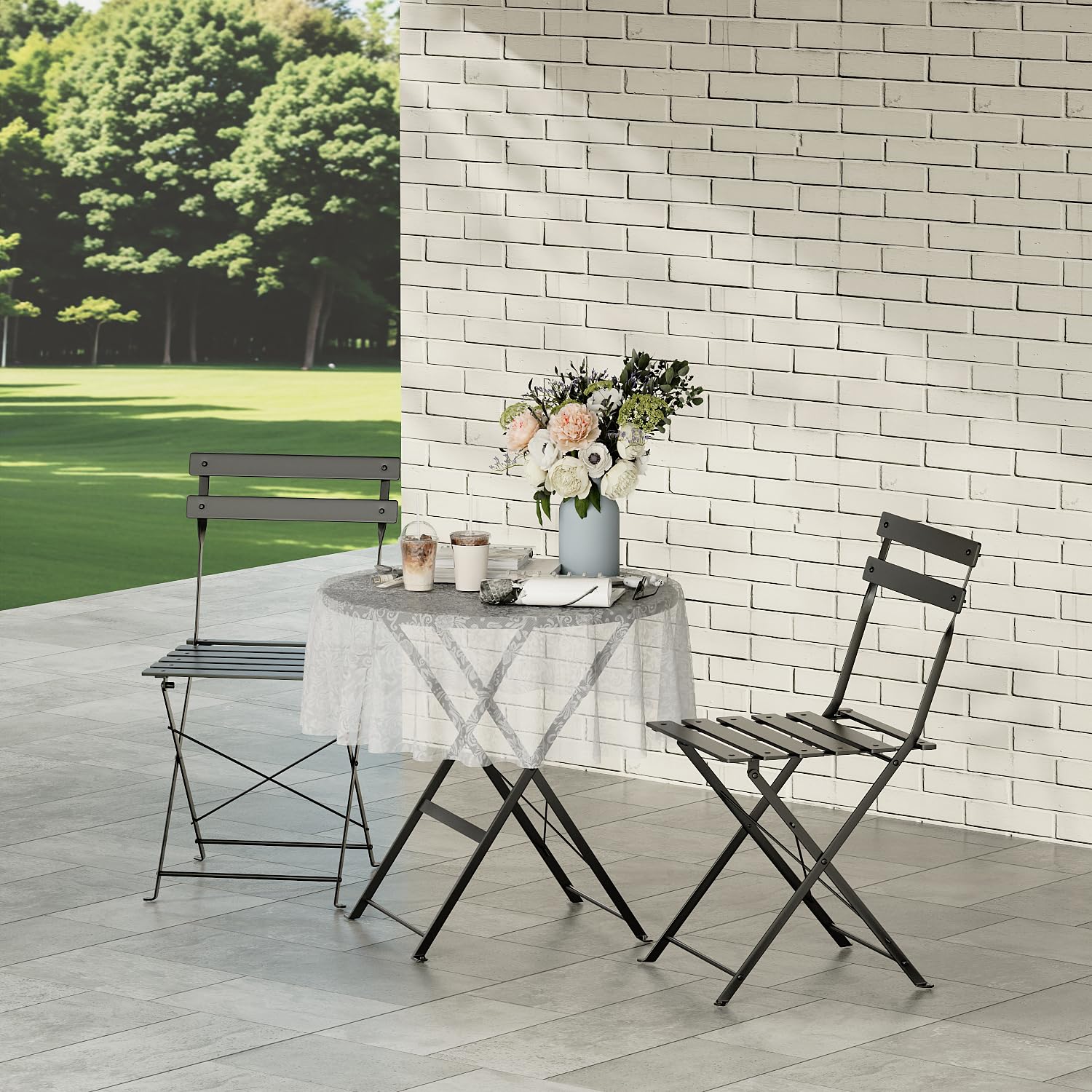 DEWINNER Set tavolo e sedie, pieghevole, set tavolo e sedie da giardino in tre pezzi, 1 tavolo e 2 sedie, con tovaglia impermeabile, set di mobili da balcone
