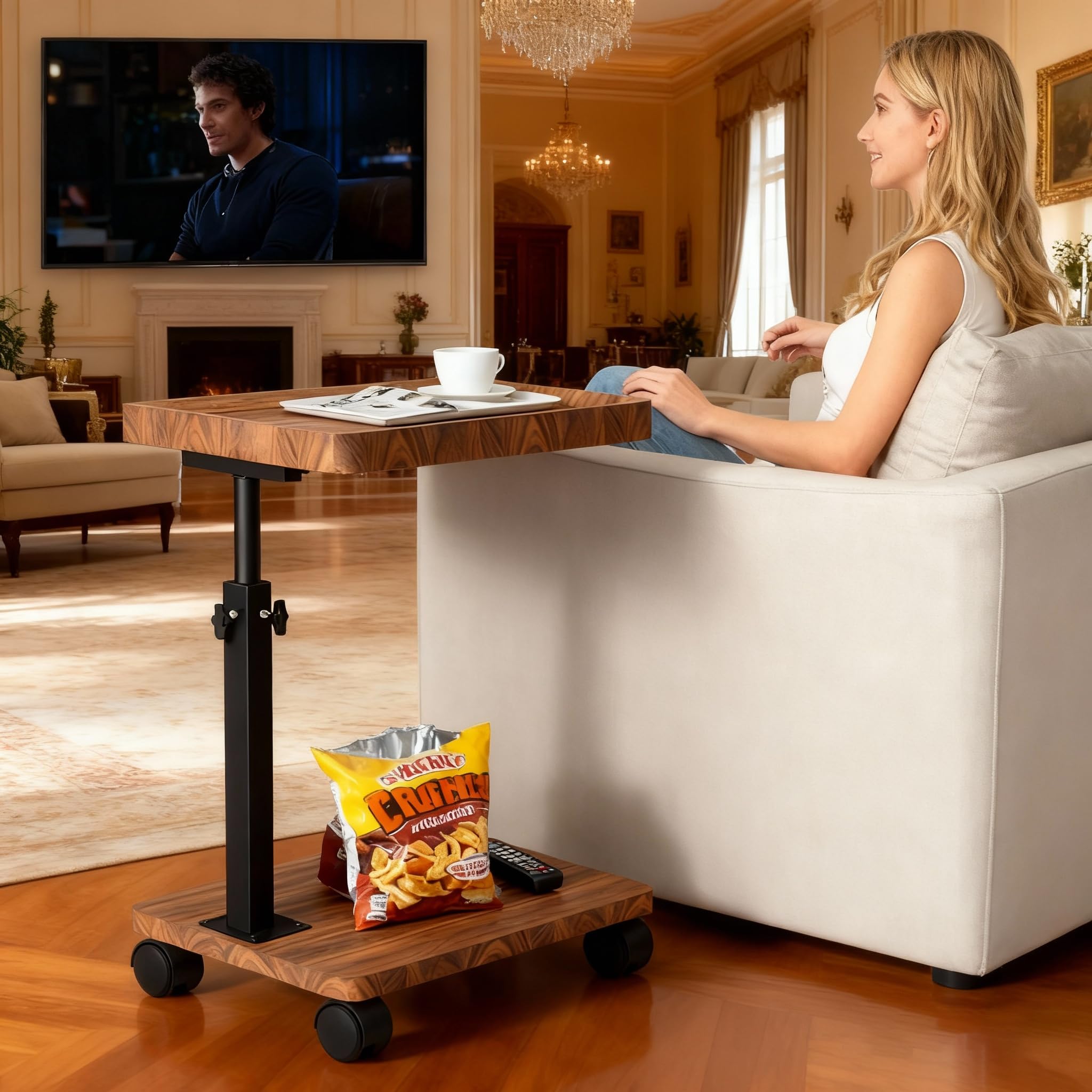 Mesa Auxiliar con Ruedas, Altura Regulable (45 – 80 cm), Mesa Auxiliar de Madera en Forma de c con Acabado de Nogal Giratorio 360°, Mesa de Centro pequeña para salón, sofá