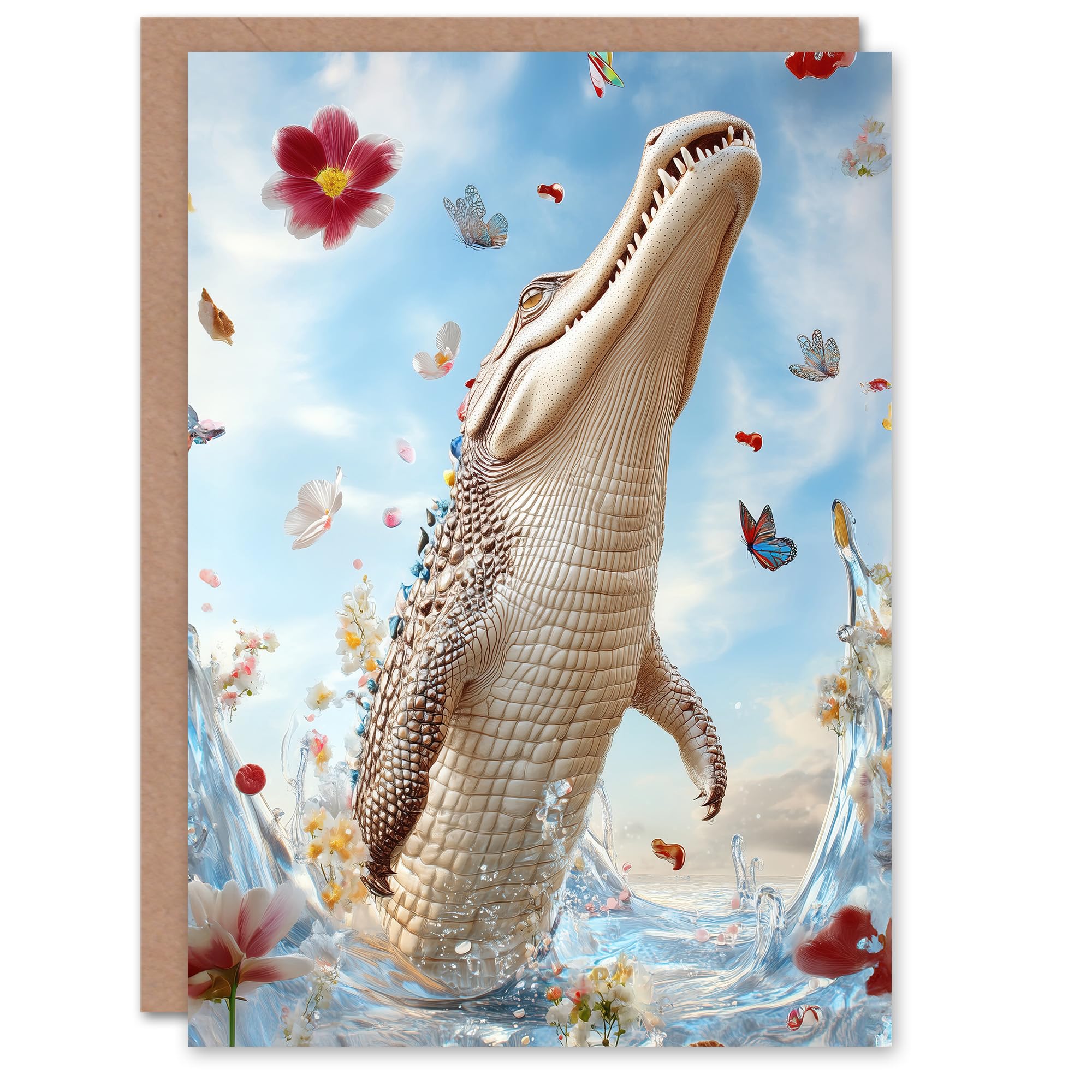 Artery8 Greeting Card Crocodile Flowers Butterflies Surreal Beauty Shot For Her Woman Birthday Card