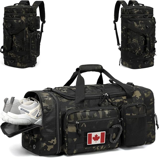 3 in 1 Tactical Travel Duffle Bag Backpack for Men Women 40-45L Expandable Gym Bag & Sport Duffel Bags for Travel with Shoe Compartment & Wet Pocket, Weekend Overnight Bag for Caming, Camo