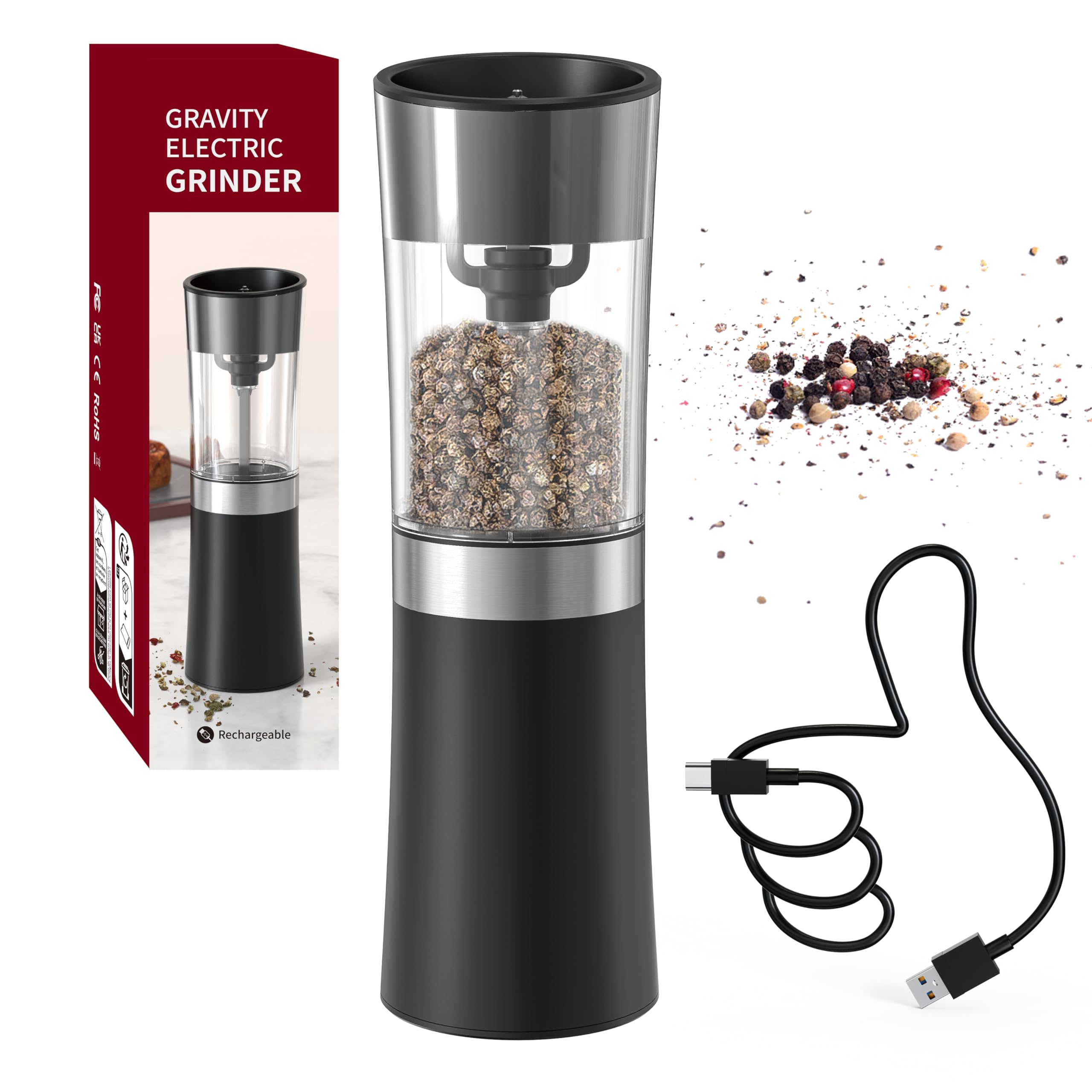 Rechargeable Gravity Electric Pepper Or Salt Grinder Mill With Safety Switch and LED Stainless Steel One Hand Automatic Operation Refillable With Adjustable Coarseness…