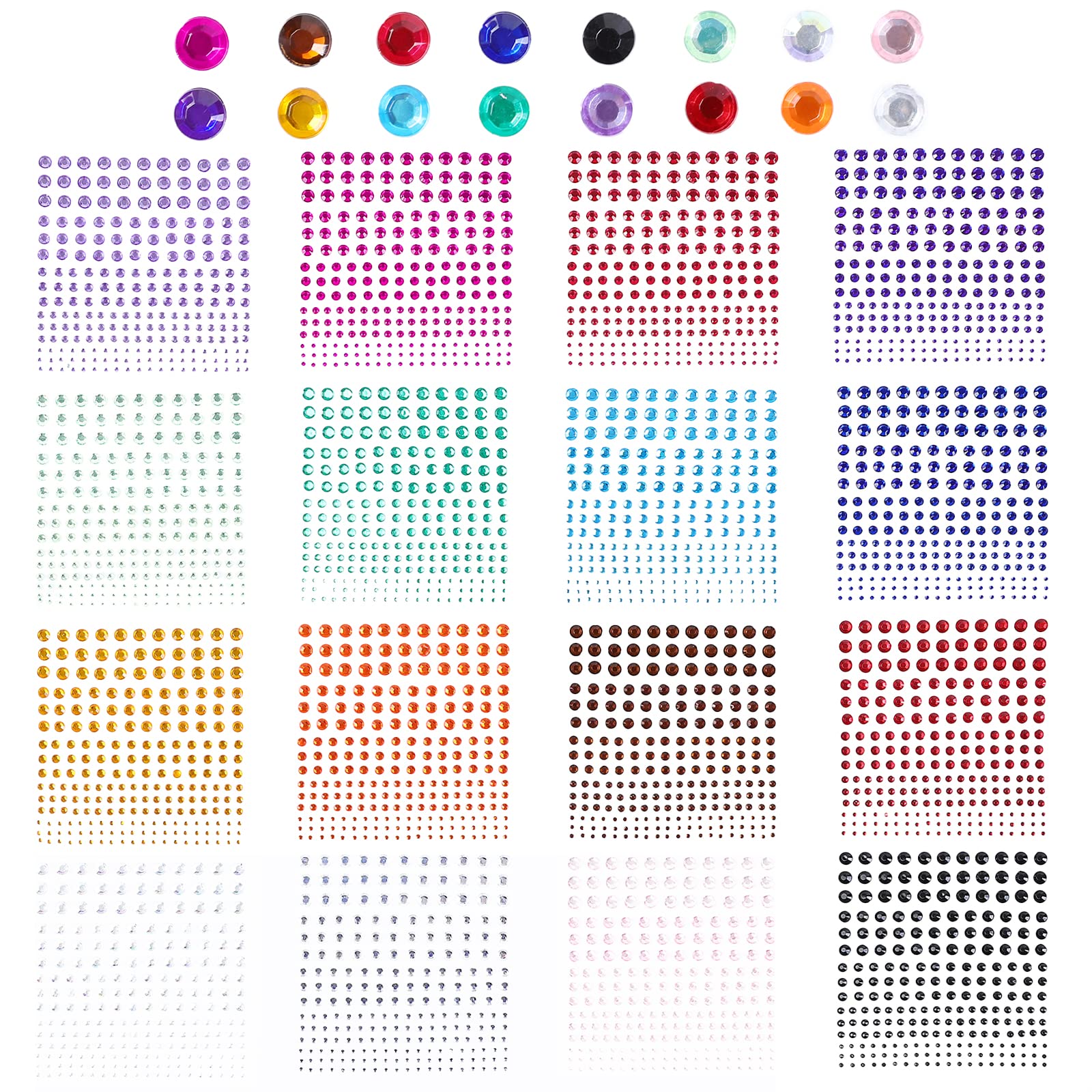 AiQInu 3600 PCS Strass Autocollant, 16 Couleurs 2/3/4/5/6MM Auto-adhésif Visage, Pierres Précieuses Cristal pour DIY Artisanat Nail Body Maquillage Décoration