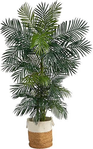 Nearly Natural Palmera artificial de caña dorada de 6.5 pies en maceta hecha a mano de yute natural y algodón