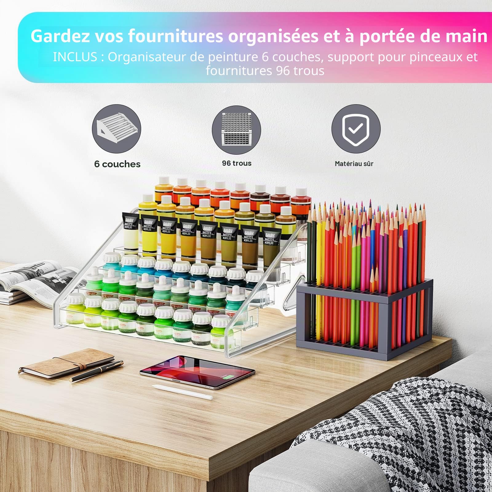 Organiseur de peinture acrylique à 6 couches et support de pinceaux à peinture à clipser - Facile à assembler - Pour loisirs créatifs, modèles miniatures - Gris (Grey)