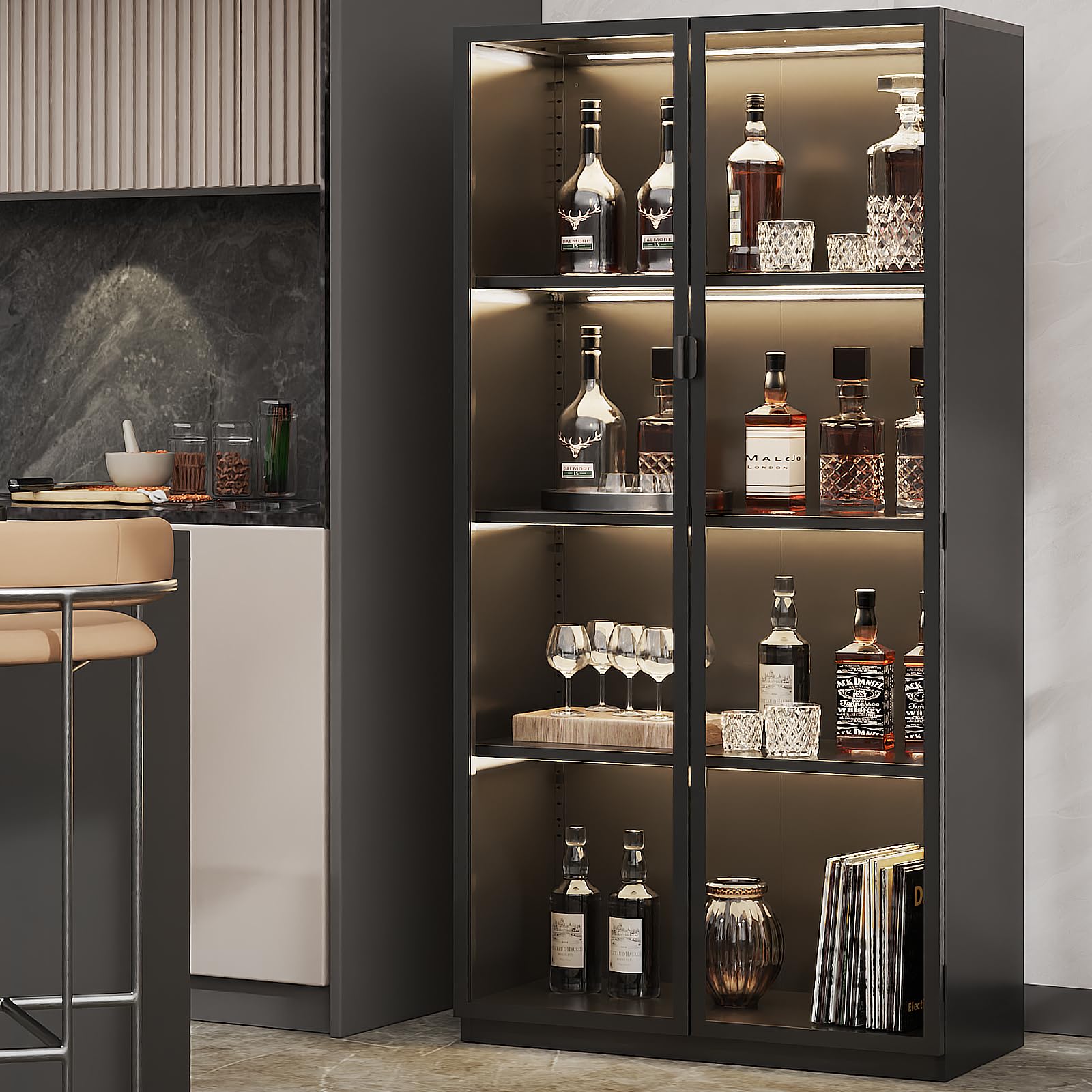 Kelueo 63" Black Display Cabinet,Display Cabinet with Glass Doors & Adjustable LED Light,Display Case with 4 Tier Storage Shelves for Collectibles,