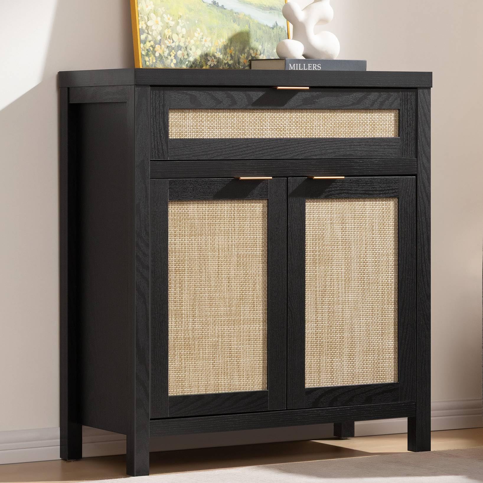 SICOTAS Sideboard Buffet Storage Cabinet, Rattan Accent Cabinet with Doors and Drawer, Modern Credenzas Buffet Table Console Coffee Bar Cabinets for