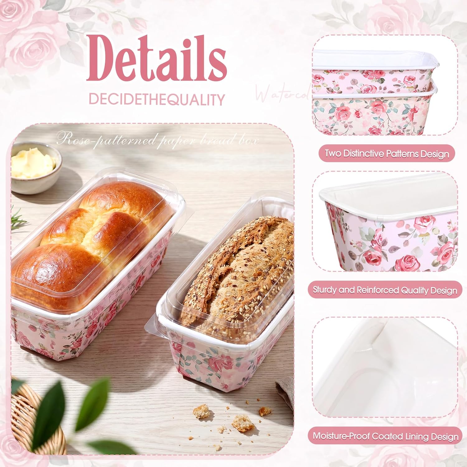 LemonRoad 100 Pcs Rose Mini Loaf Pans with Lids 6.3 x 2.2 x 2.2 Inch Floral Disposable Paper Baking Pan Bulk, Mothers Day Wedding Bridal Baby Shower Baking Party Supplies for Cake Bread Oven Bakery