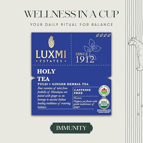 Miniatura 3 de Luxmi Estates, Té Tulsi orgánico 50 bolsas de té (3.53 onzas)  Sin cafeína, sin OMG, hojas Tulsi orgánicas USDA - Té Tulsi  Apoyo inmunológico,