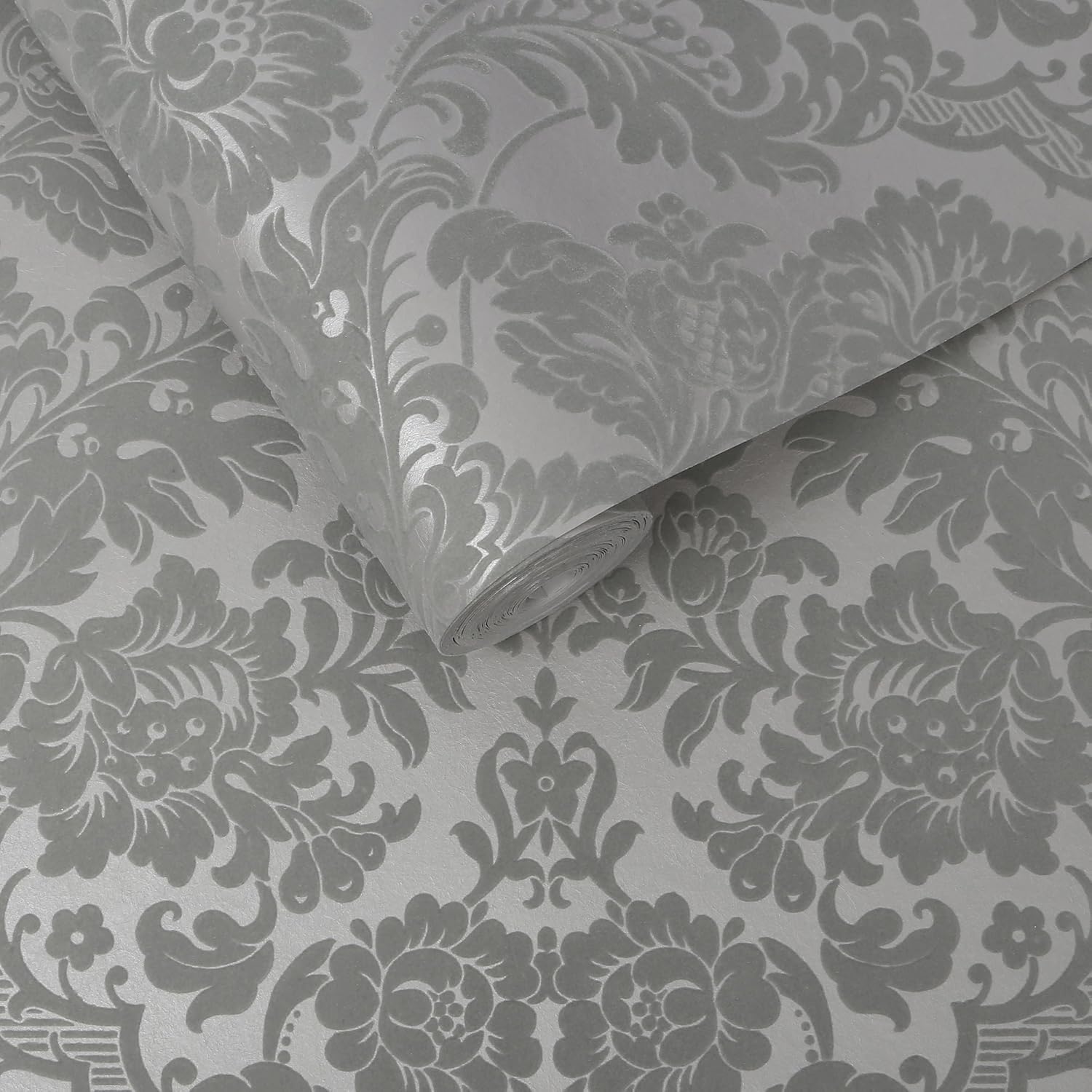 Graham & Brown Gothic Damask Flock Grey and Silver Paste The Wall Wallpaper