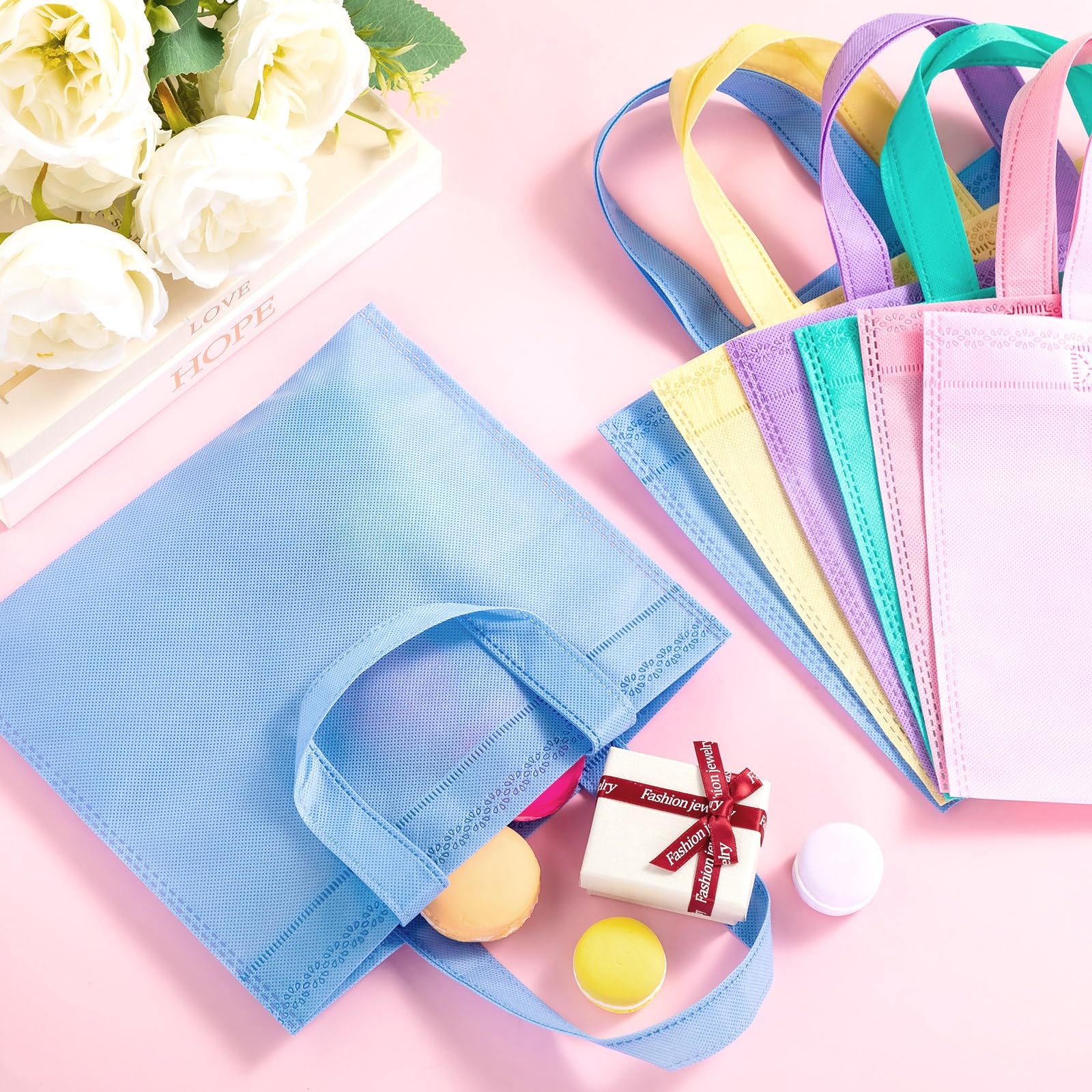 Sunnymove 18 Pcs Pastel Gift Bags Bulk with Handles, Small Non Woven Reusable Party Favor Bags, Treat Goodie Totes for Birthday, Baby Shower, Wedding, Bridal Shower, Graduation Supply