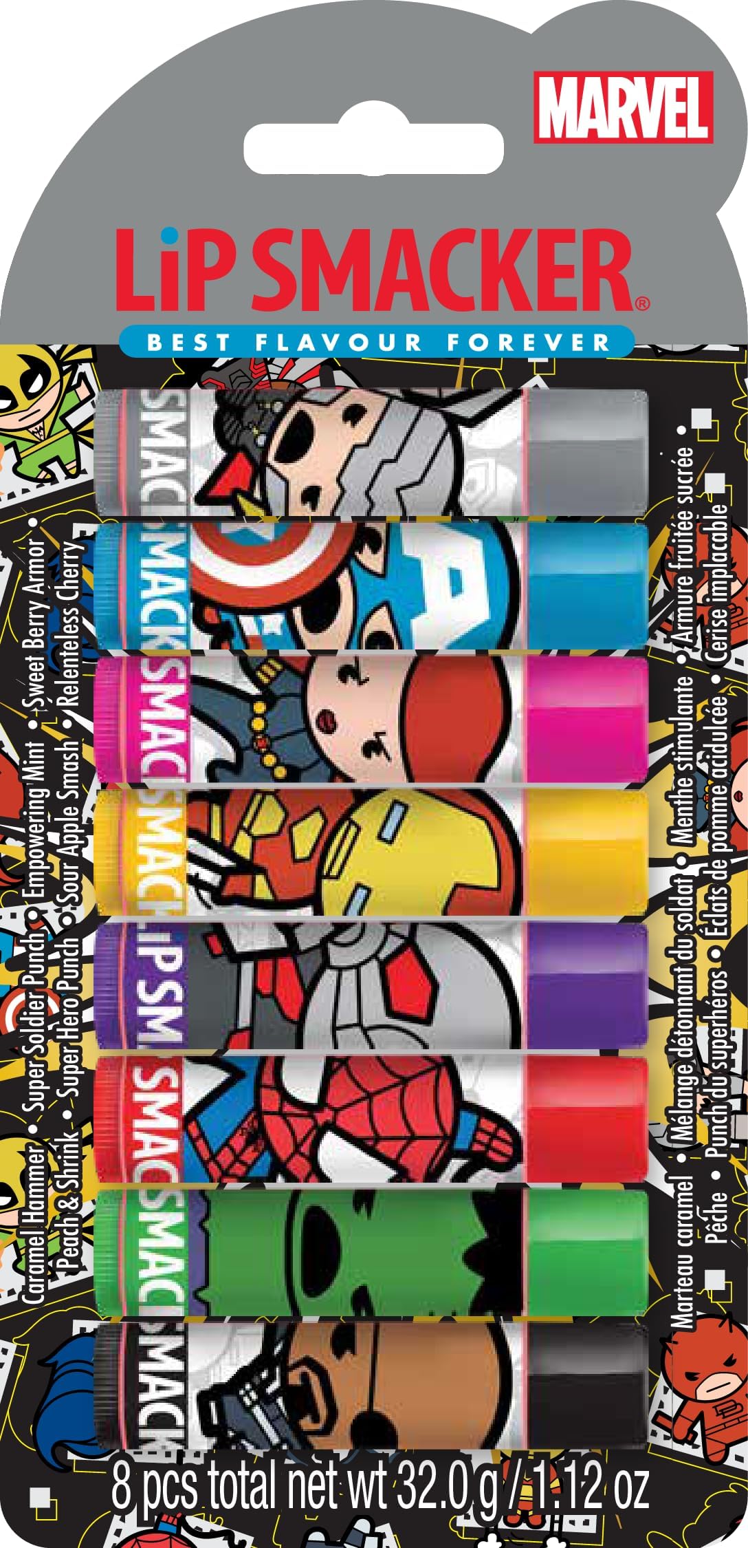Marvel Collection, The Avengers Party Pack, 8 Flavoured Lip Balms for Kids Inspired by Avengers Superheroes, Moisturizing and Refreshing