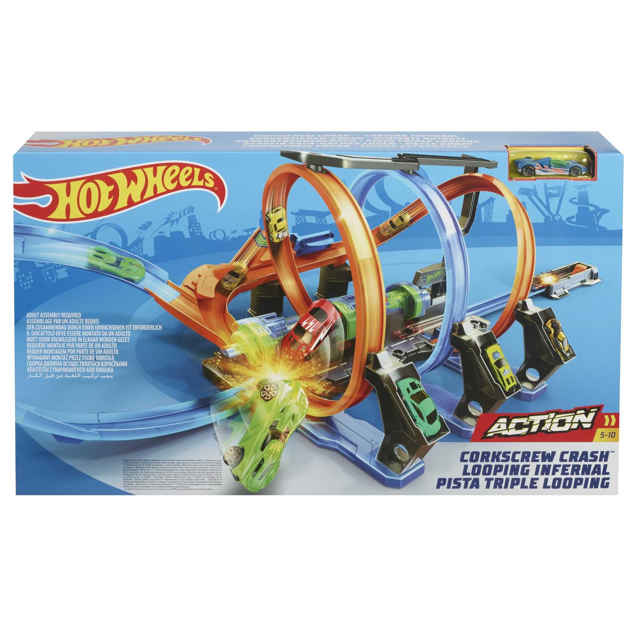 Hot Wheels Triple Looping, 3 zonas de choque y 3 propulsores, pista de coches de juguete forma de tirabuzón, FTB65
