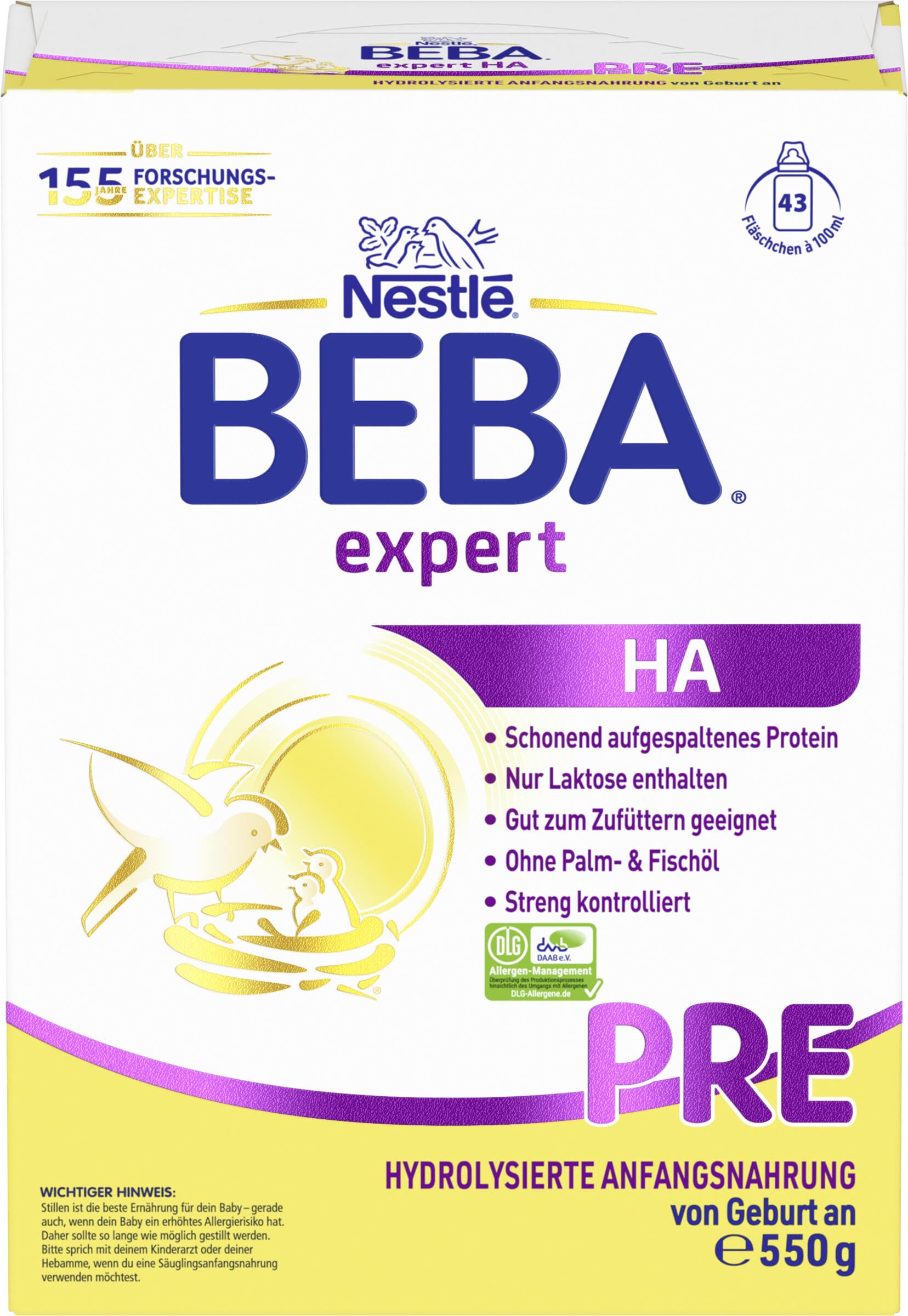 BEBA expert HA PRE - Hydrolysierte Anfangsnahrung, Anfangsmilch von Geburt an, Patentiertes Produkt, Ohne Palmöl, Ohne Fischöl, Babynahrung, Baby-Milchpulver, 6er Pack (6 x 550g)