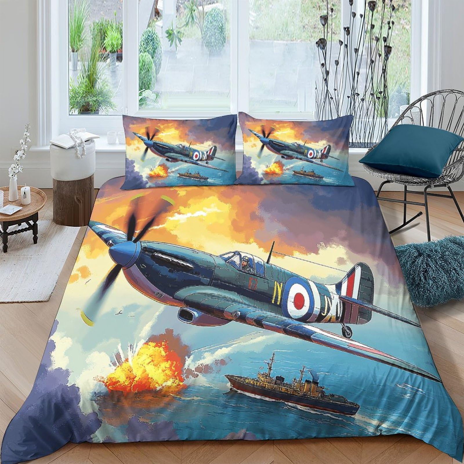 Ctjqhvkz Style-5 3D Printed Warplane Battle Fitted Sheet Microfiber Soft Blue Sky Aircraft Mattress Cover For Bedroom Dorm Decor Single（135X200cm）