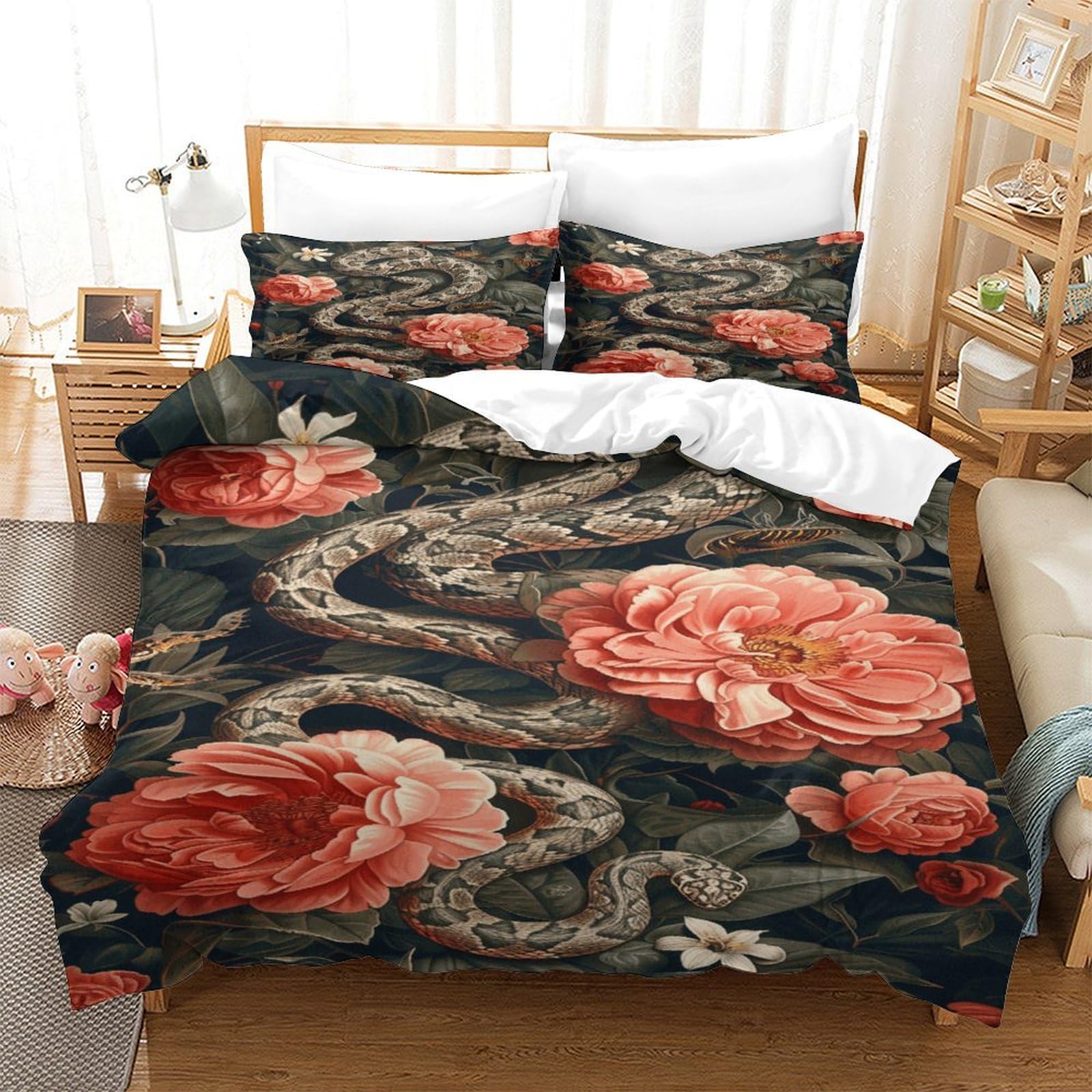P1S9U7W5Y 3D Printed Snake Rose Duvet Cover Set 3pcs Microfiber Floral Snake Bedding Set Double（200x200cm）