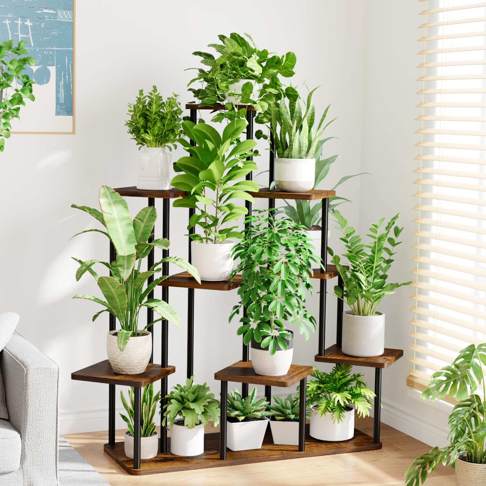 Bamworld Porta Piante da Interno ed Esterno a 9 Ripiani Marrone – Fioriera in Legno e Metallo, Scaffale Moderno Salvaspazio per Vasi e Piante, Porta Vasi Decorativo per Giardino, Balcone, Soggiorno