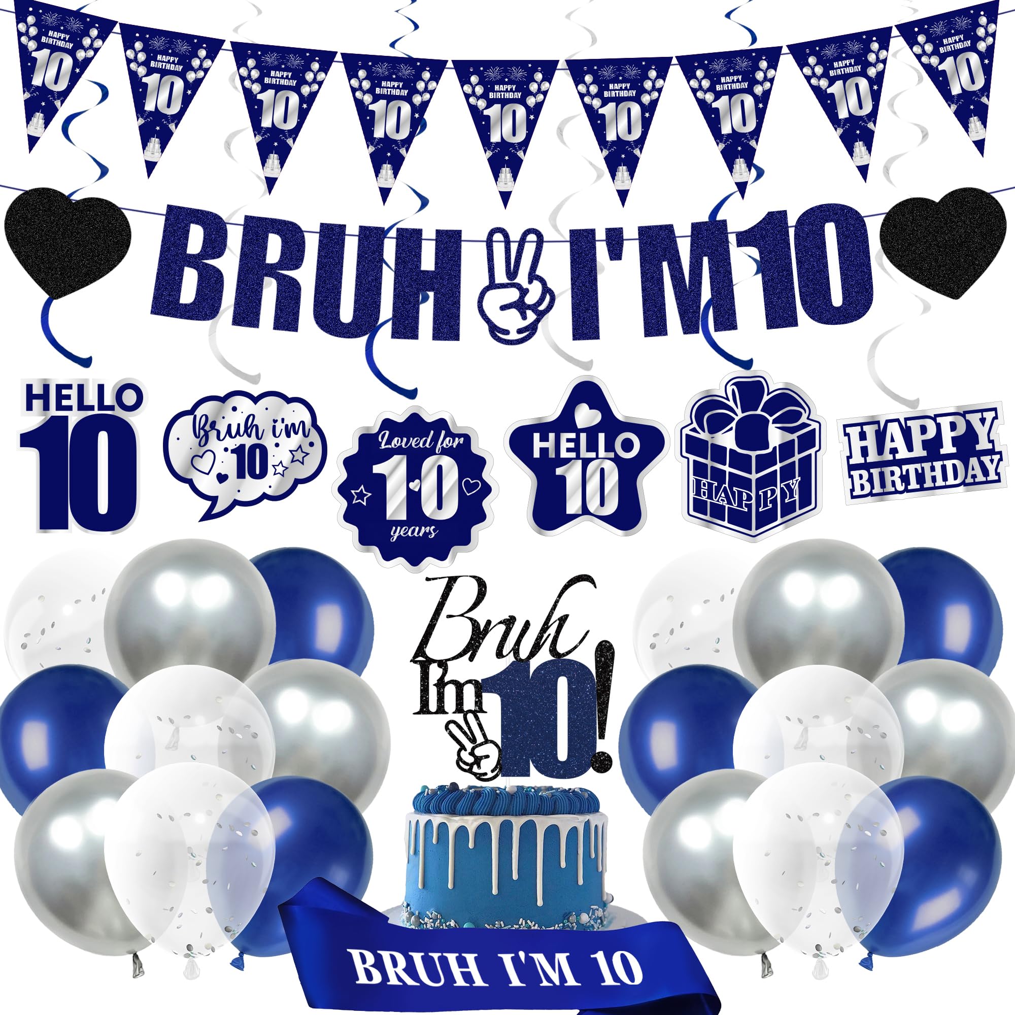 10th Birthday Decorations Balloons Boys - 28 Pcs Blue Bruh I'M 10 Banner Swirl Hangings Latex Confetti Balloons Sash Cake Topper for Kids Boy 10 Years Old Birthday Party Decor Supplies