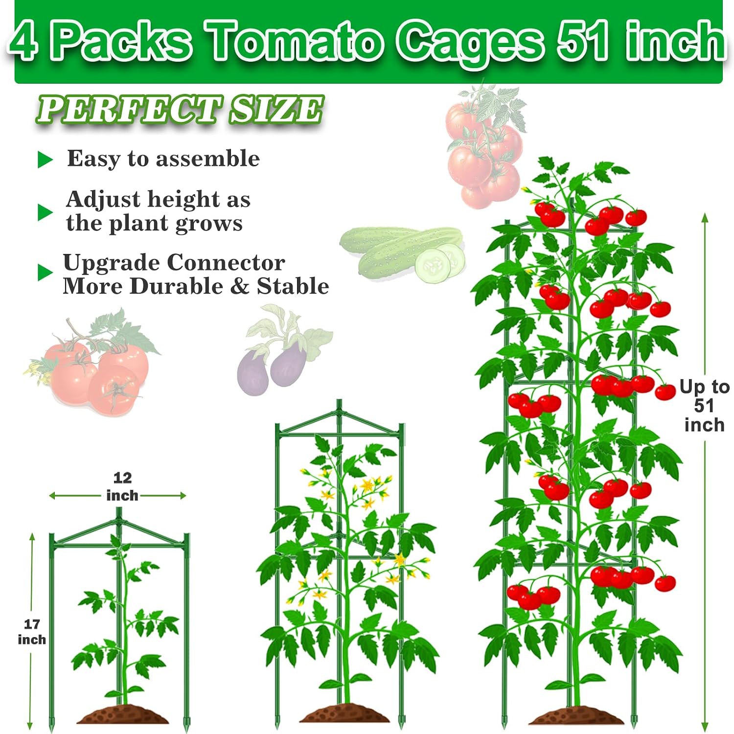 Tomato Cages for Garden 4 Packs - Heavy Duty Steel Tomatoes Cage Tall Up to 51in & 164Ft Twist Tie, Tomato Plant Stakes Support Cages Trellis for Pots Plants Garden