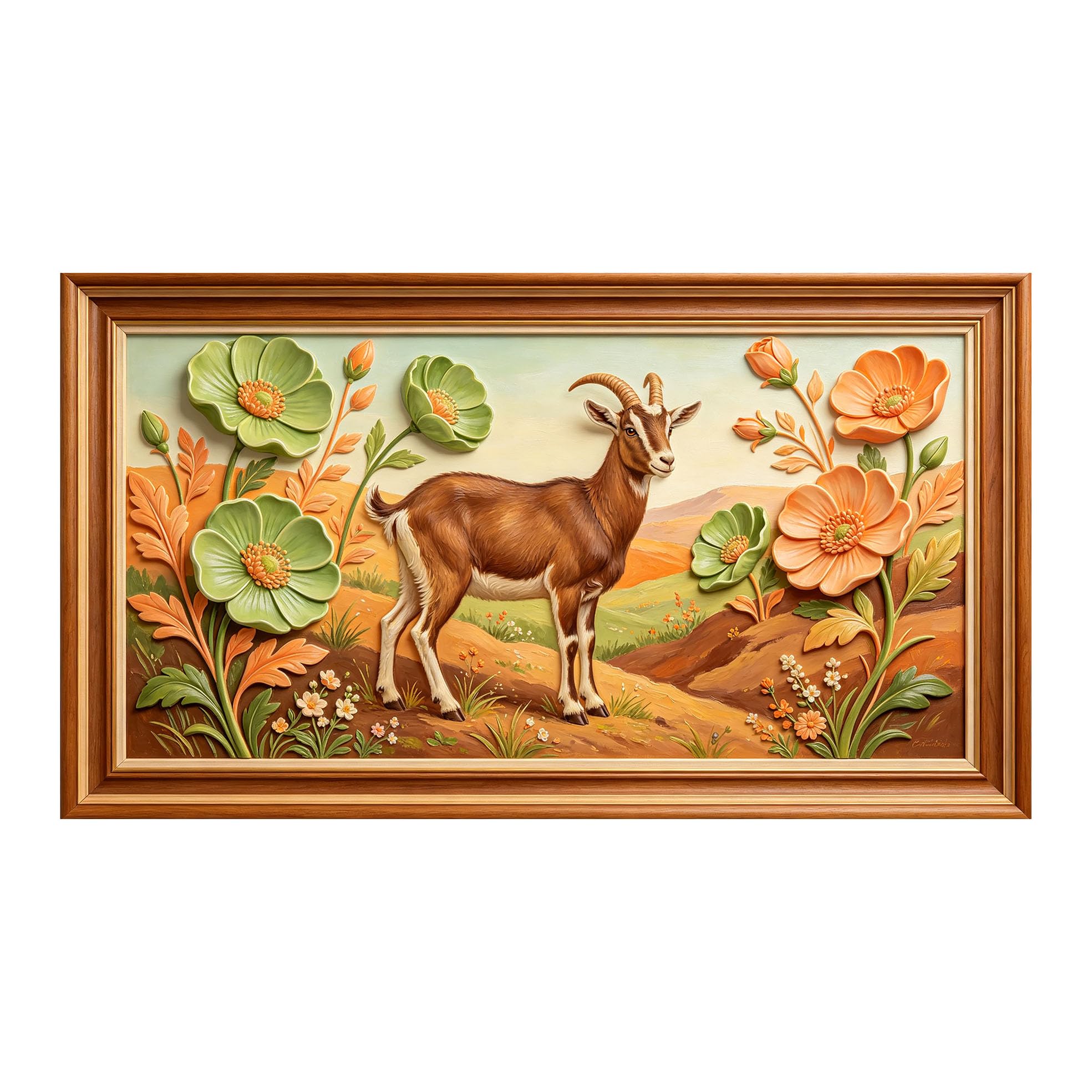 Yzpallescene 3D 3D Framed Wall Art 50cm×90cm Pastoral Goat Floral Landscape Oil Painting Large Size SelfAdhesive Removable Wall Decor Prints Artwork for Living Room Bedroom Office