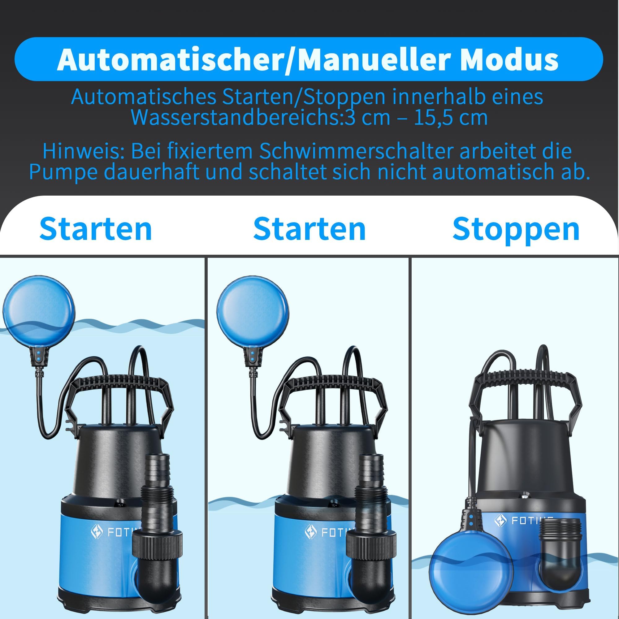 FOTING Pompa sommergibile per acqua sporca, 400 W, 12000 l/h, altezza massima 11 m, profondità di immersione max 11 m, ruota in noryl, cavo di collegamento da 10 m, piscina Garden Pond Flooded