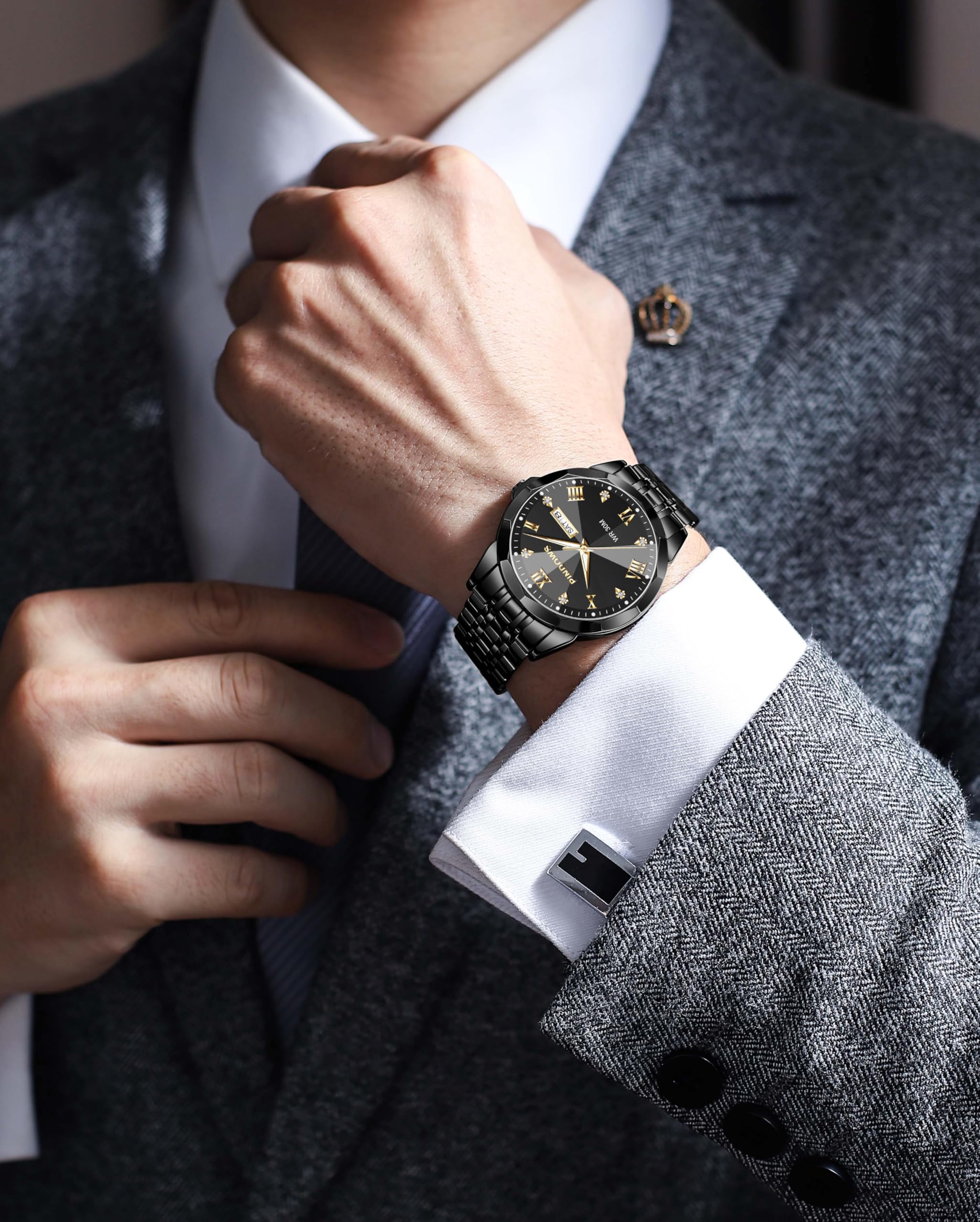 PINDOWS Herrenuhren Luxus Quarz-Analoguhr Datumsanzeige und großem Ziffernblatt wasserdichte modische Business-Armbanduhr Elegante zweifarbige Edelstahl-Klassiker-Herrenuhr mit beleuchtetem Kalender