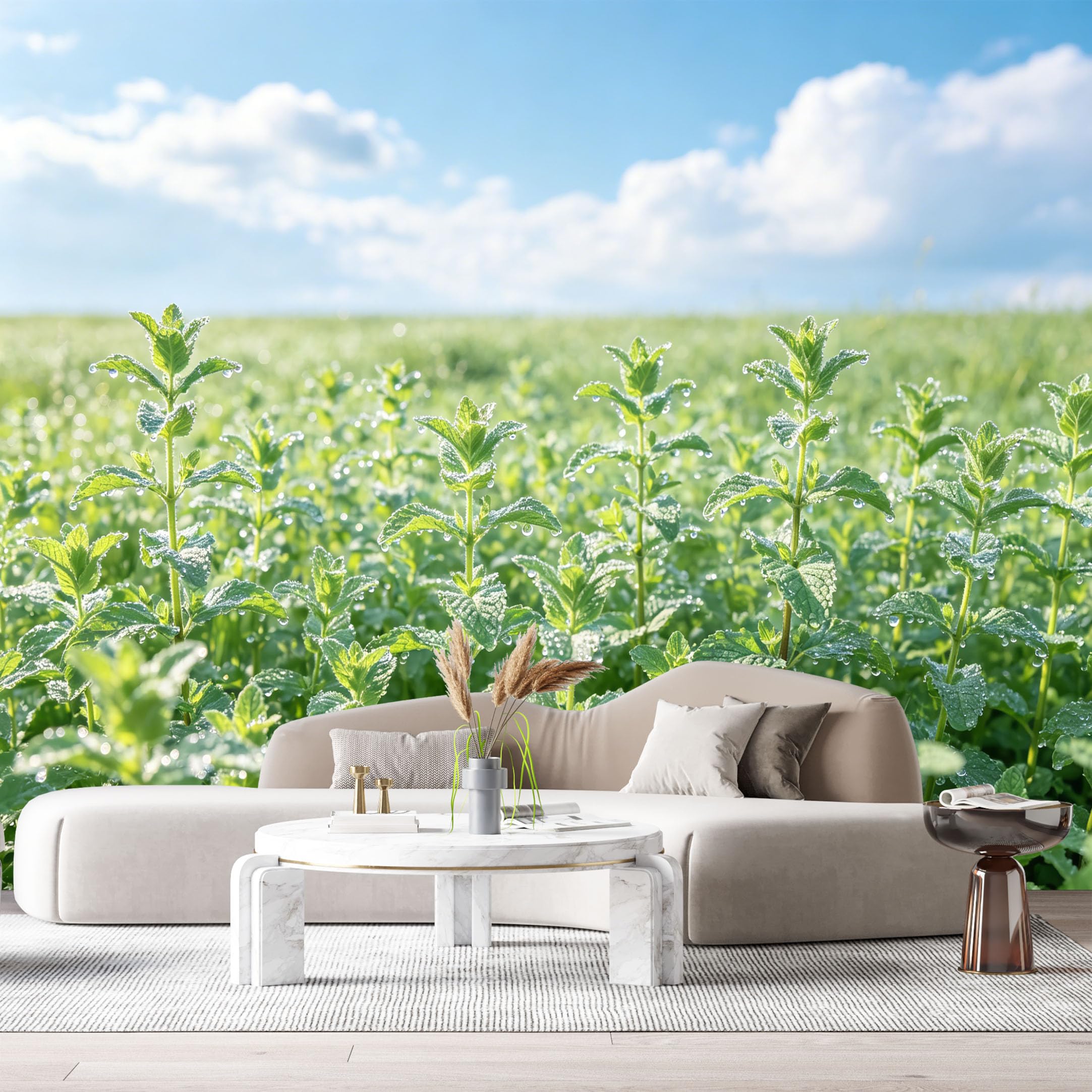 Custom Size Wall Murals Dew Morning Botanical Field with Green Leaves Blue Sky Nature Landscape SelfAdhesive Wall Fabric Removable Large Wallpaper for Photo Living Room