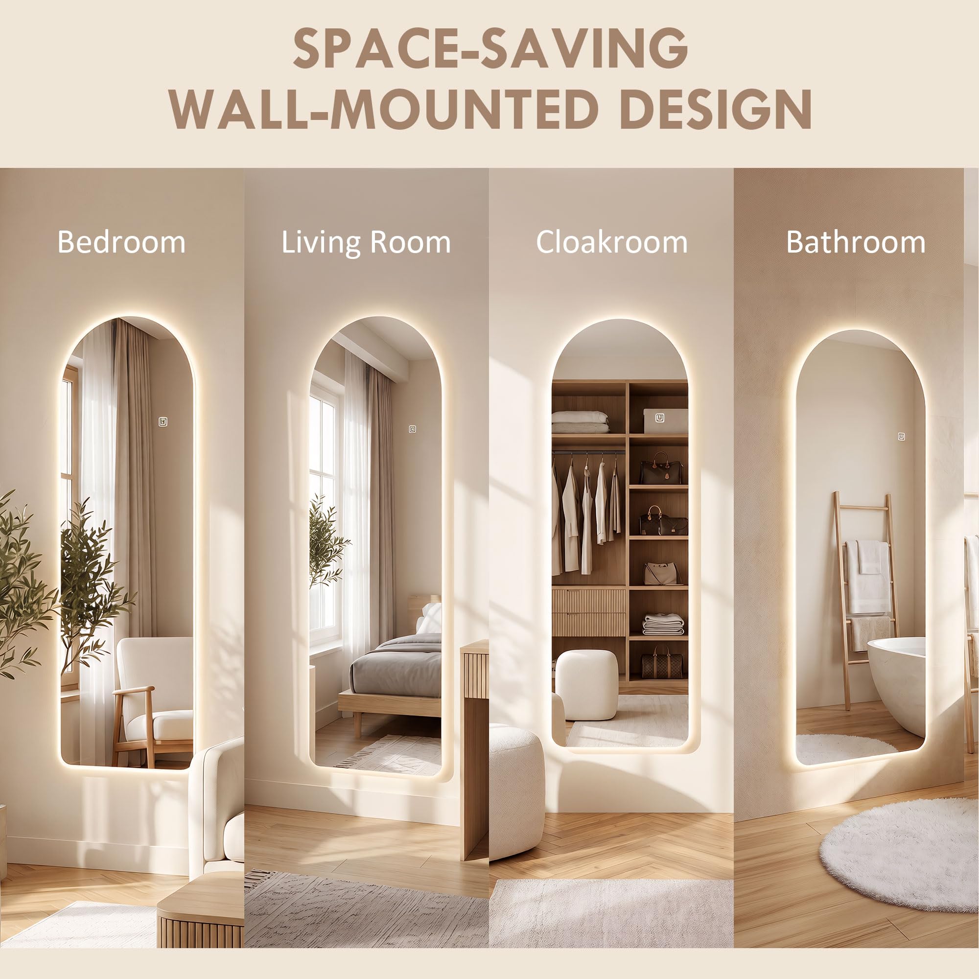 HOMCOM Grand Miroir Mural 120 x 40 cm avec éclairage LED Miroir Pleine Longueur arqué sans carde, Anti-déflagrante, intensité Variable, 3 Couleurs d'éclairage, pour Salon Chambre, Transparent