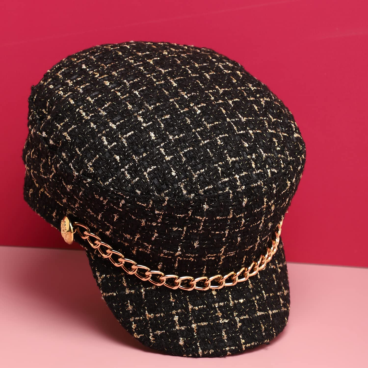 Haute Sauce Women Black Textured Breton Cap with Chain Detail for Outdoor Everyday Wear | UV Protection | Lightweight | Packable | Latest Stylish Casual Headwear for Women & Girls (2143) 2
