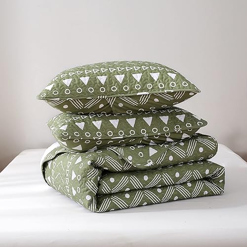 Miniatura 6 de Juego de edredón bohemio con estampado geométrico, colcha ligera y ultrasuave de 3 piezas, color verde salvia, colcha de microfibra de 1400 hilos,