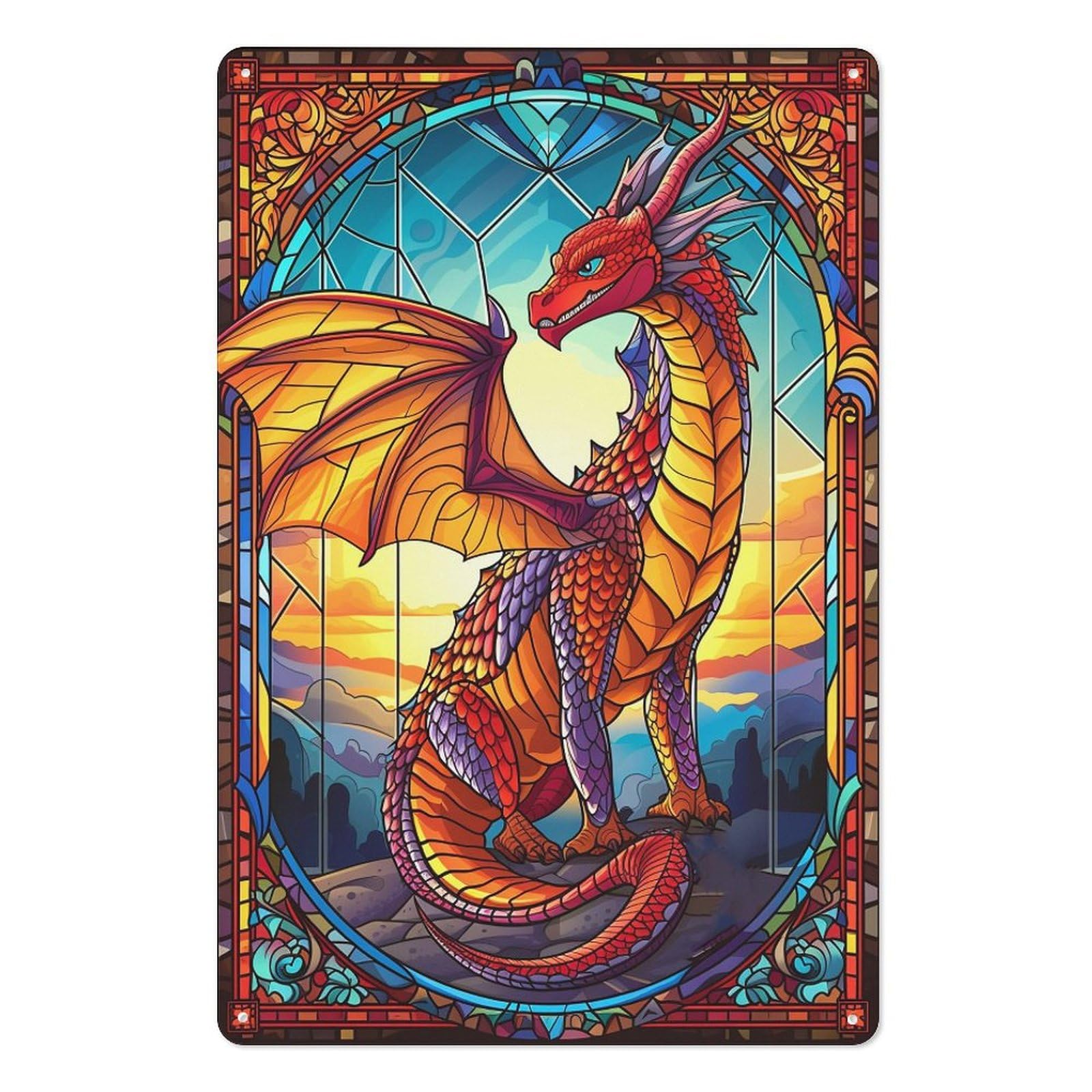 Scvgfdxzs Tin-16 Fantasy Red Dragon Tin Metal Signs Game Art Color Stained Glass Wall Art Decorations For Bar Pub Club Cafe Room Farmhouse Home Decor 12X16 Inch