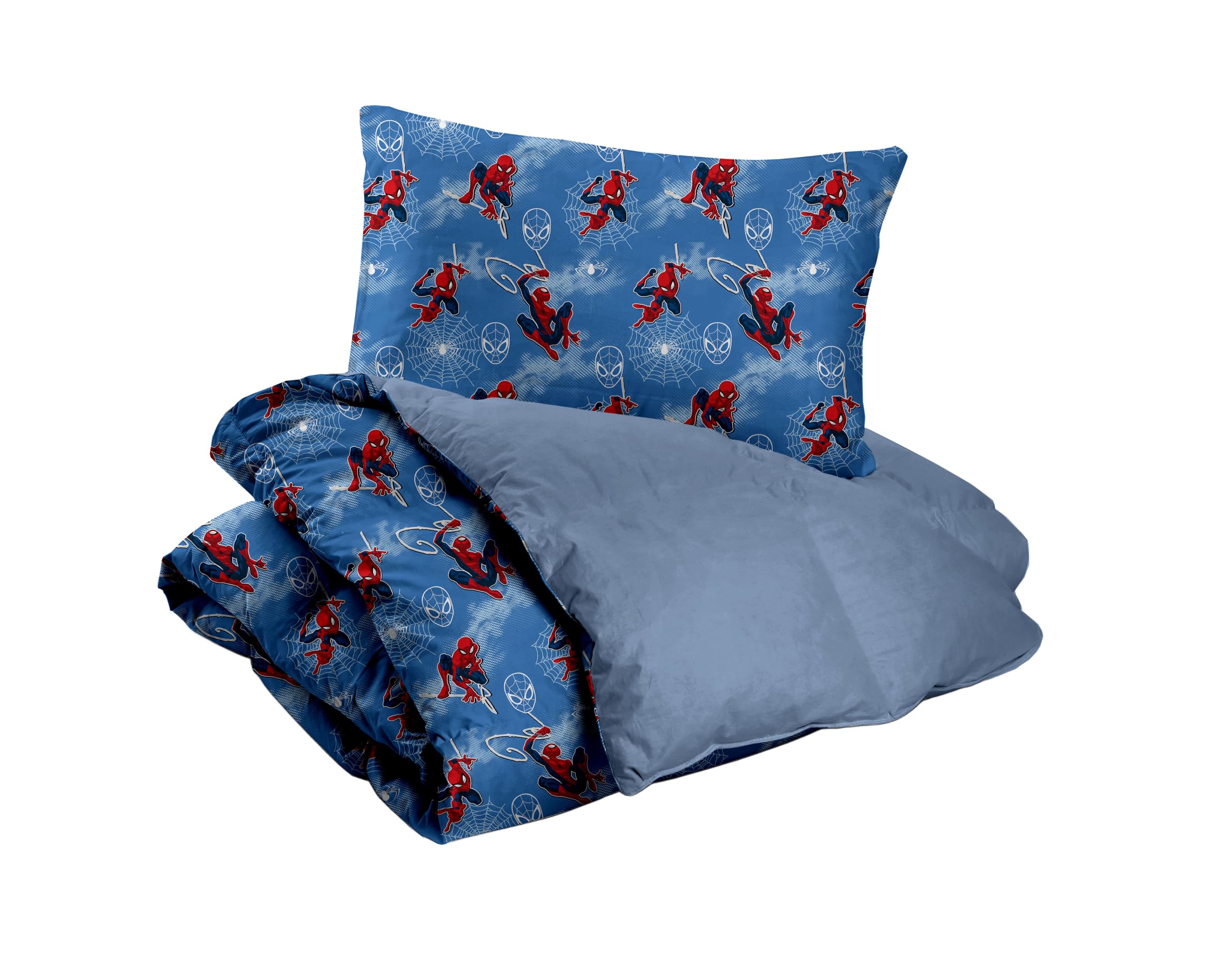 Spiderman, Set Copripiumino Singolo Cotone, Blu, Sacco 155x200, Federa 50x80, Marvel, 100% Cotone, Prodotto Ufficiale