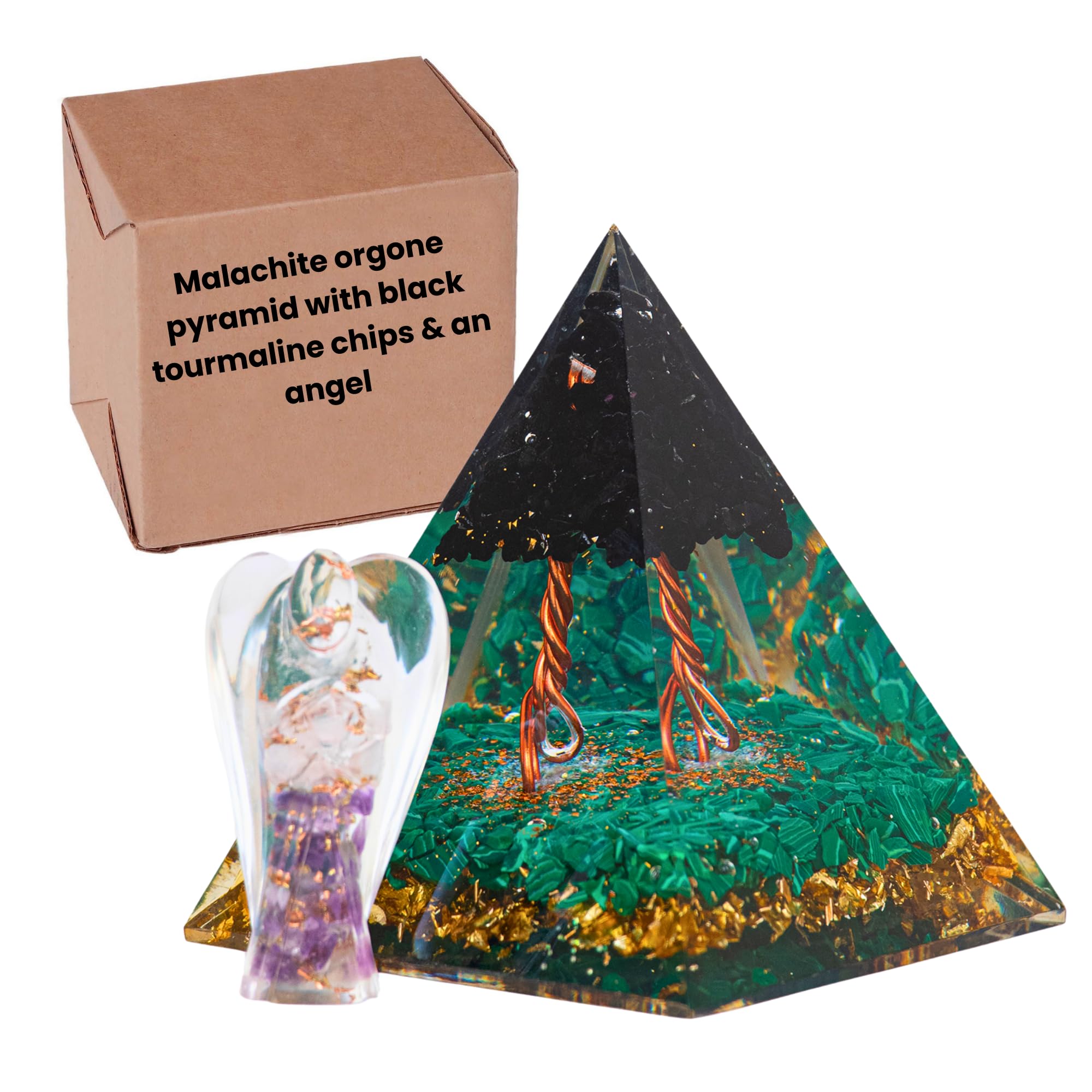 ZAARIYA Malachite Orgone Pyramid With Black Tourmaline Chips & an Angel for Chakra Energy Healing Yoga, Meditation
