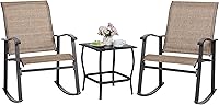 Shintenchi 3-Piece Outdoor Rocking Bistro Set with Table - Metal Frame Textilene Rocking Chairs for Patio Balcony Small Spaces Brown