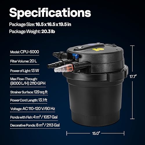 Miniatura 6 de VIVOHOME Filtro biológico presurizado de limpieza automática de 2110 GPH con luz de 13 W, temporizador, adaptadores de varios tamaños para estanques