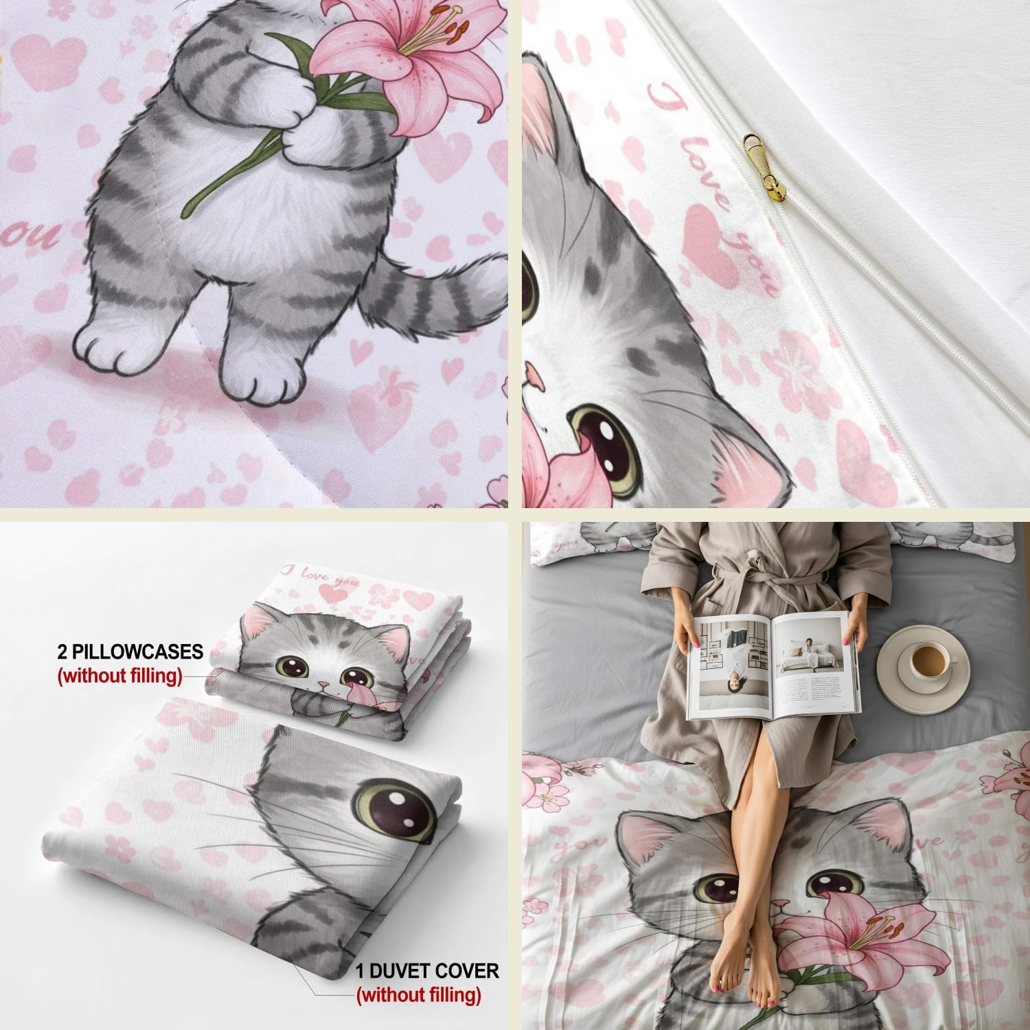 Juego de funda de edredón floral con diseño de gato gris y blanco, bonito estilo de dibujos animados para niños y mujeres jóvenes (01, King 240 x 220 cm + 65 x 65 cm x 2)