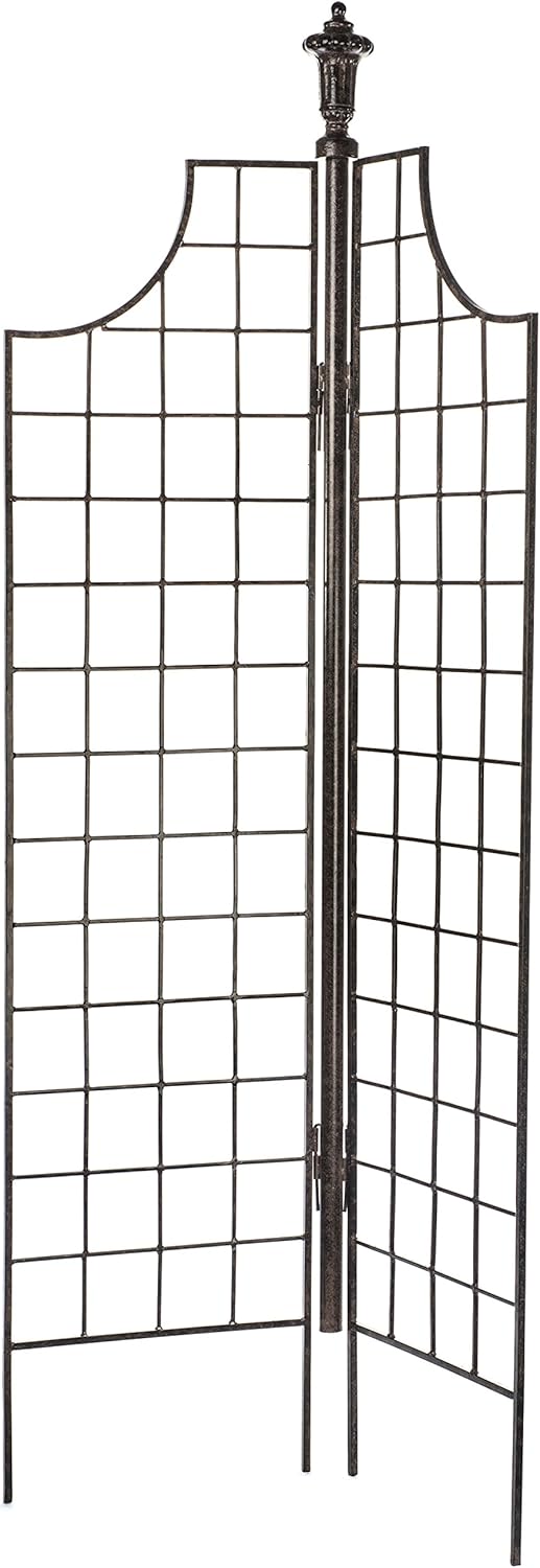 H Potter 35lb Heavy-Duty 2-Panel Garden Screen Trellis - 35" W x 77" H Solid Iron Privacy Screen - Charcoal Brown Metal Support for Climbing Plants - Hinged Design for V-Shape Stability