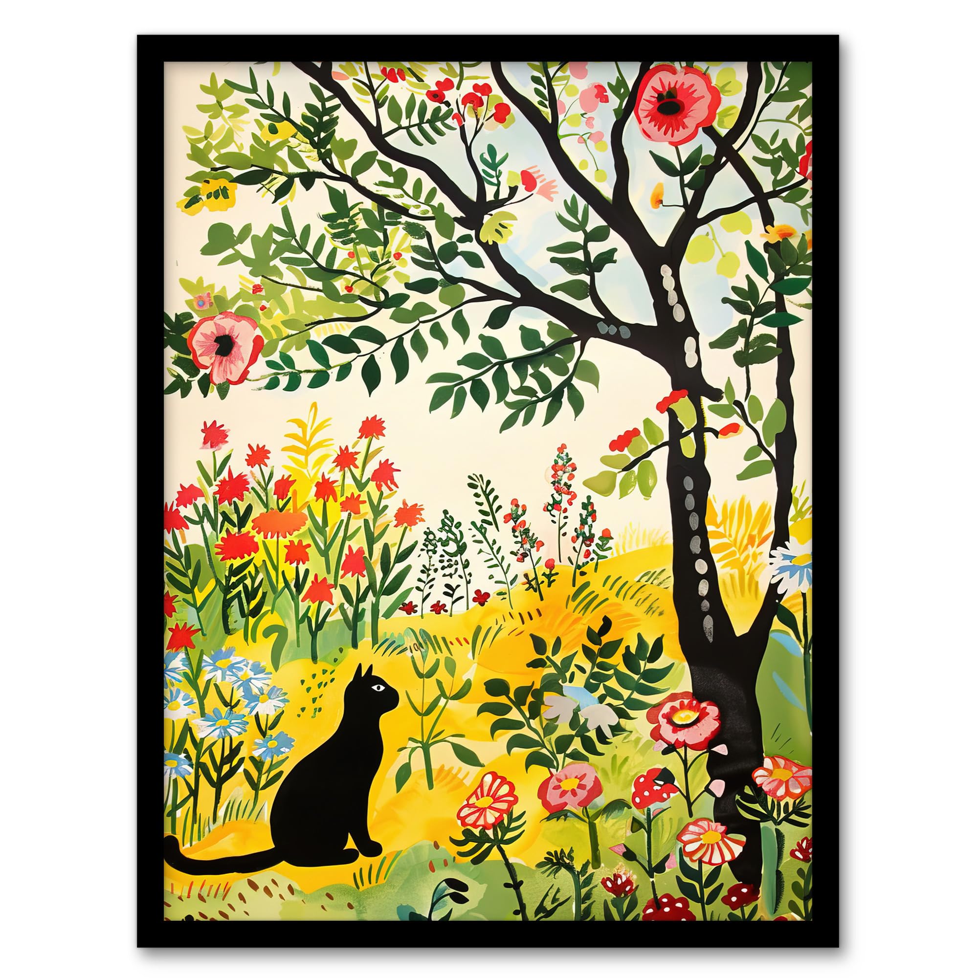 Artery8 Cat Under Tree in Wildflowers Folk Art Painting Living Room Artwork Framed Wall Art Print A4
