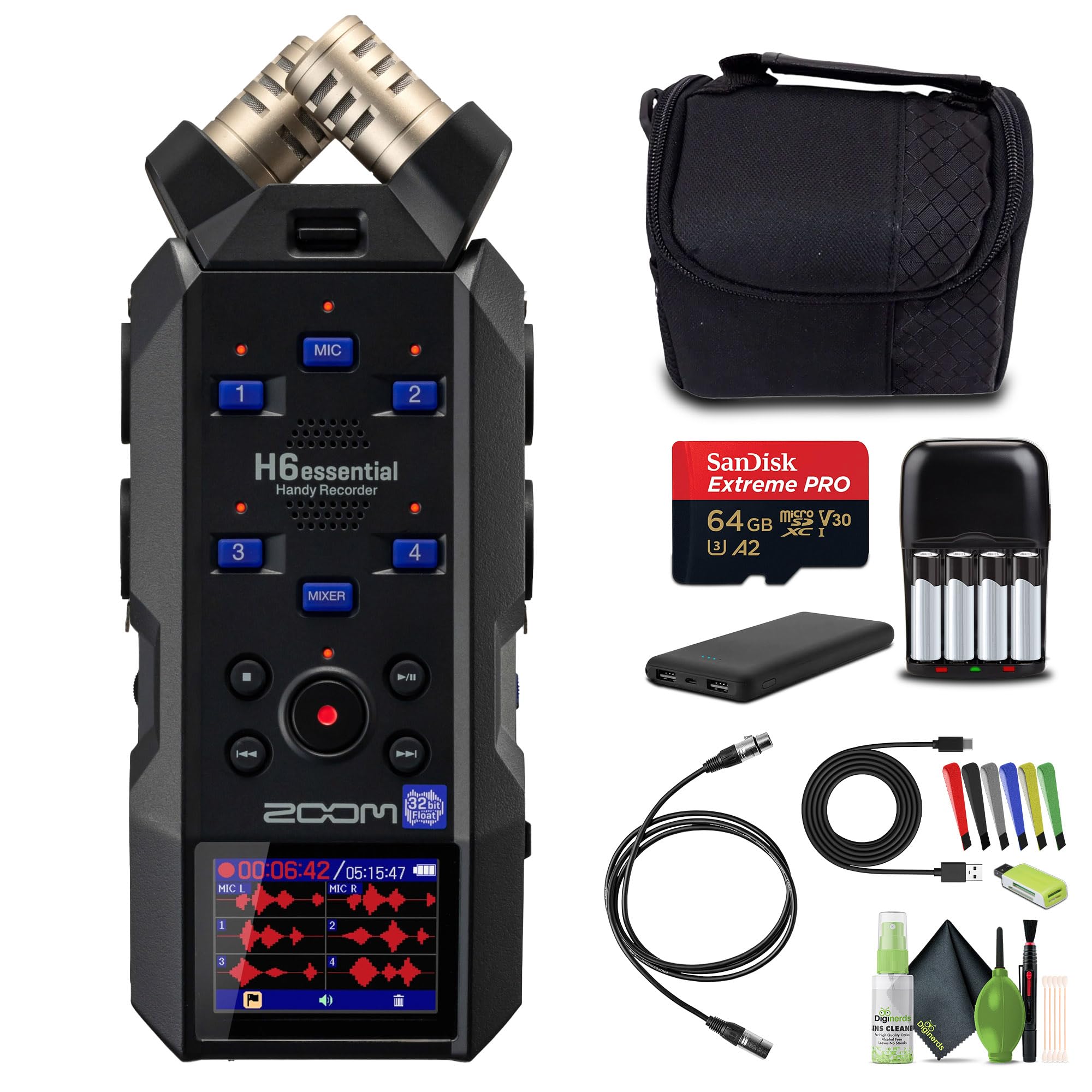 Zoom H6essential Handy Recorder 6-Track 32-Bit Float Portable Audio Recording (2024 Model) Stereo Microphones, 4 XLR/TRS Inputs, USB Audio Interface,